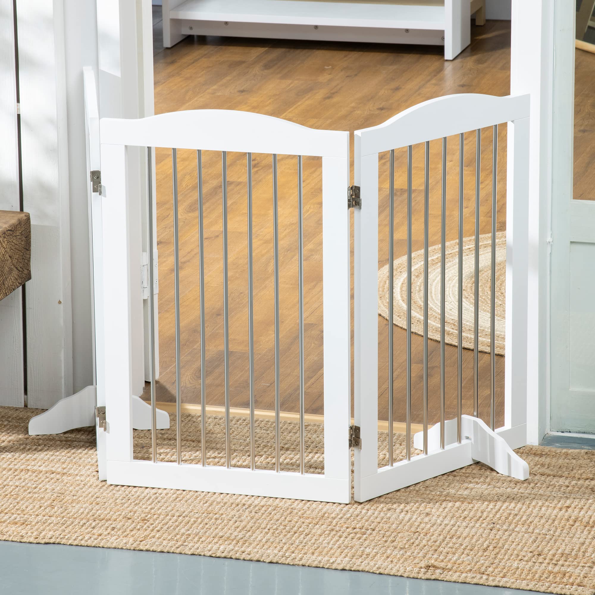 PawHut Absperrgitter Hund Freistehendes Schutzgitter 154 x 80 cm Weiß | Mit Füßen, Hundegitter Klappbar, Treppenschutzgitter, Treppengitter, Hundeabsperrgitter, für Treppen, Türen, 3 Paneelen