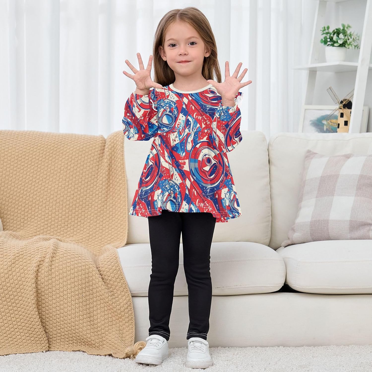 visesunny Toddler Clothes for Girls Red Blue Cans Long Sleeve Fall Shirts Cotton Top with Ruffle Collar