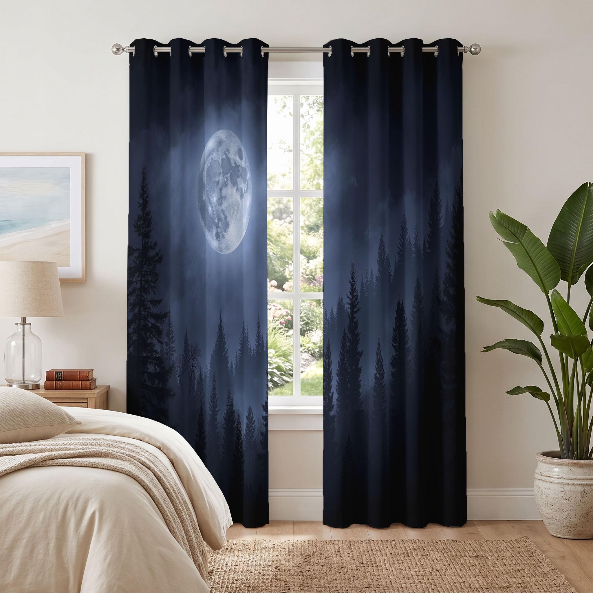 Naturwald Schallschutz Blickdichte Vorhänge Wohnzimmer, Nebelmond Verdunklungsvorhänge, Blauschwarz Thermovorhang Mit Ösen Schlafzimmer - H215 x B110 cm (2er Pack)