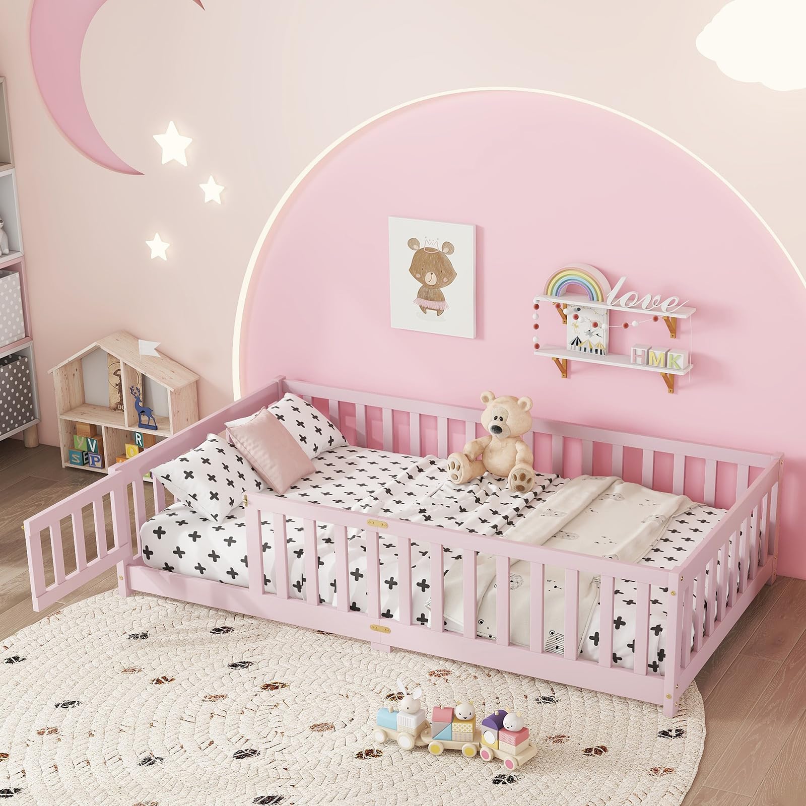 Twin Floor Bed with Safety Guardrails for Kids, Rubber Wood Montessori Bed with Slats and Convertible Door, Twin Size Bed Frame for Girls and Boys,No Box Spring Needed,Pink