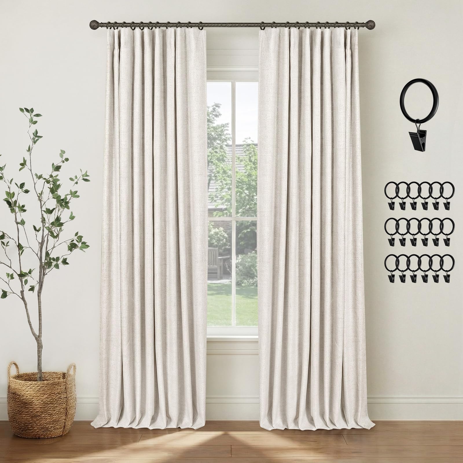 Lot de 2 rideaux blancs à œillets, décoratifs, semi-transparents, à texture de lin, motifs de branches d’arbre jaunes et grises, pour salon et chambre