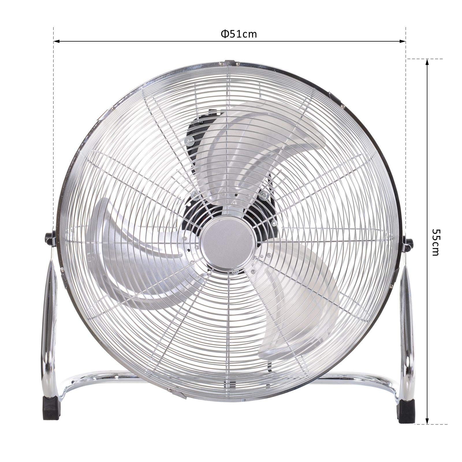 HOMCOM Ventilateur de Sol Ø51 cm Ventilateur Industriel sur pied 100 W avec 3 vitesses et inclinaison réglable à 120° en Métal pour chambre bureau Argenté