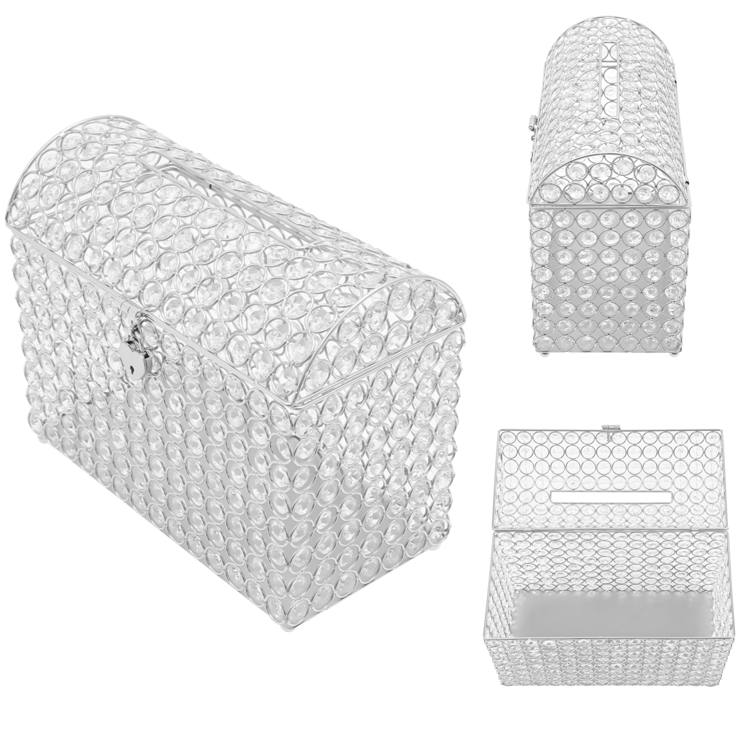 kunghei Crystal Glass Wedding Card Box with Lock, Silver Money Card Box Treasure Chest Style Gift Box for Wedding Receptions, Centerpiece Decor, Anniversary, Keepsake