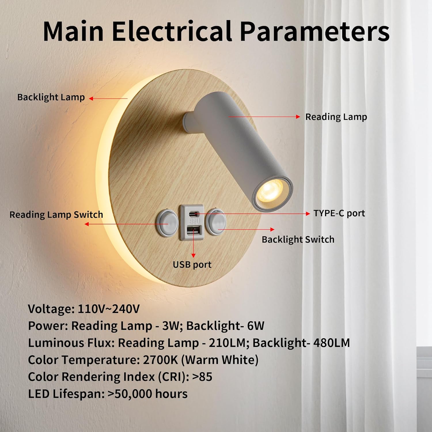 Modern Multi-Purpose Wall Sconces，5.9" Wood Grain Hardwired Wall Light Fixture with USB/Type-C Charging Port for Bedroom/Stdudy, Rotatable Spotlight Reading Light & Ambient Nightlight 2 in 1 Design