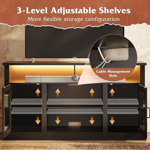 Miniatura 4 de WLIVE Soporte de TV de granja para TV de 65 pulgadas, centro de entretenimiento alto con luces LED y armarios de almacenamiento, mesa consola negro