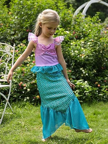 Miniatura 3 de HenzWorld Disfraz de sirena de princesa para niñas, disfraz de fiesta de cumpleaños, juego de simulación, disfraz de Navidad, peluca, joyas