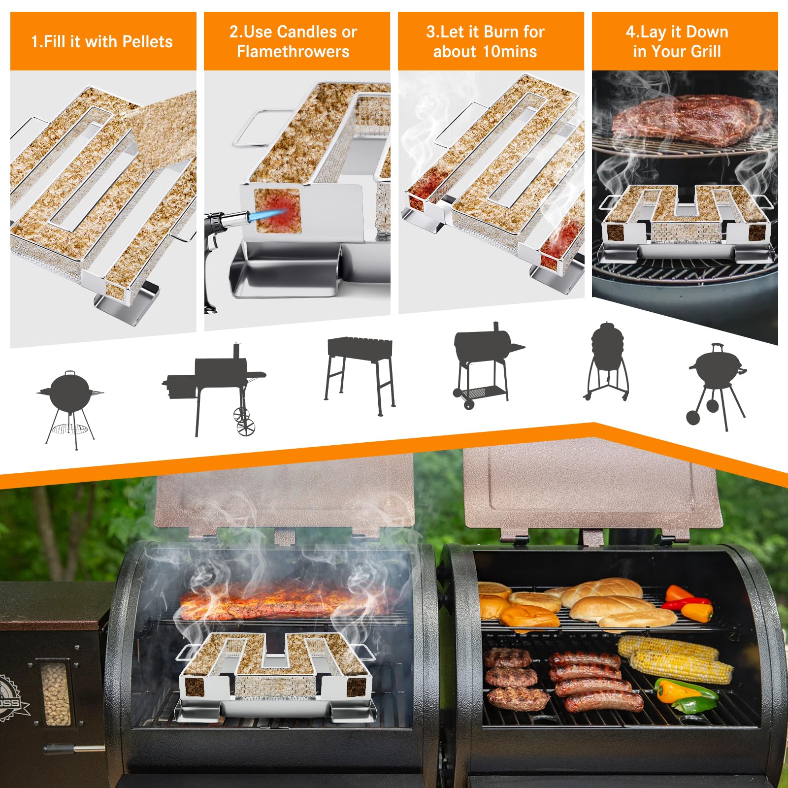 Generatore di Fumo Freddo Acciaio Inossidabile per Affumicatura Barbecue con Ganci e Spazzola