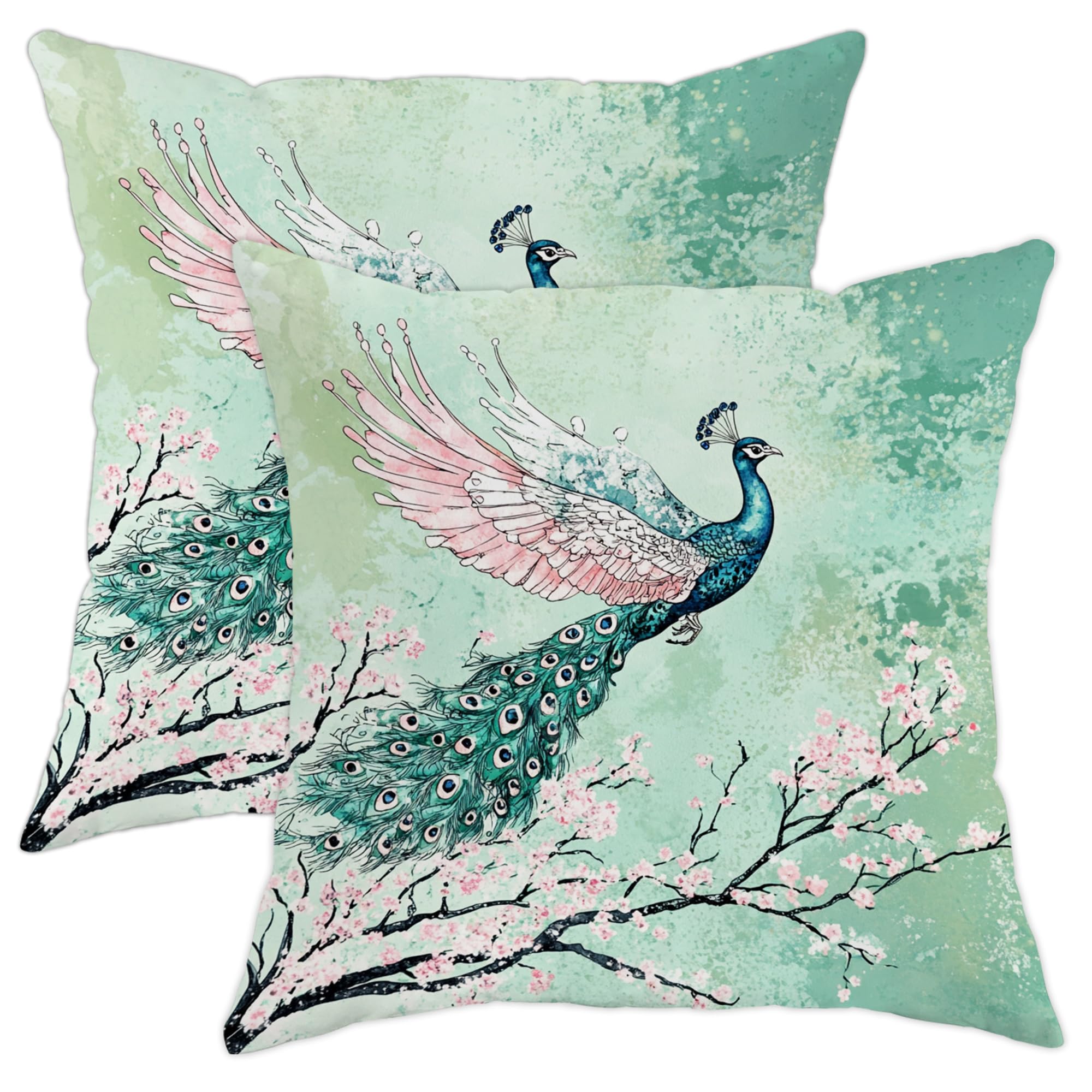 Peacock Throw Pillow Covers Set of 2, Mint Green Floral Decorative Cushion Cases, Spring Home Decor for Couch Sofa Bed, Bohemian Chic Style 16x16 Inch