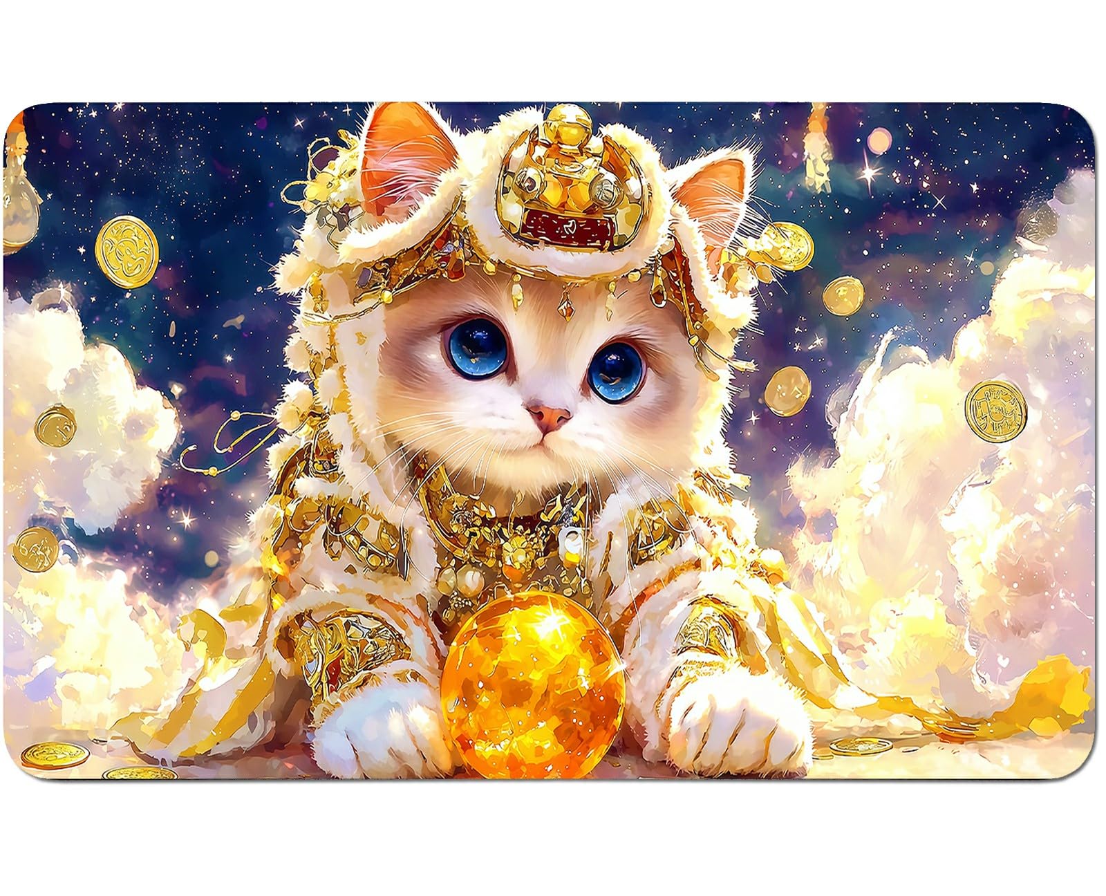 RWUTYTIUL Orange Ball Cat for TCG Playmat 24 X 14 Inch with Play Zones, Stitched Card Game Mat for Commander Board MTG RPG CCG Desktop Tablet Mouse Pad for Enthusiasts Playing Accessories