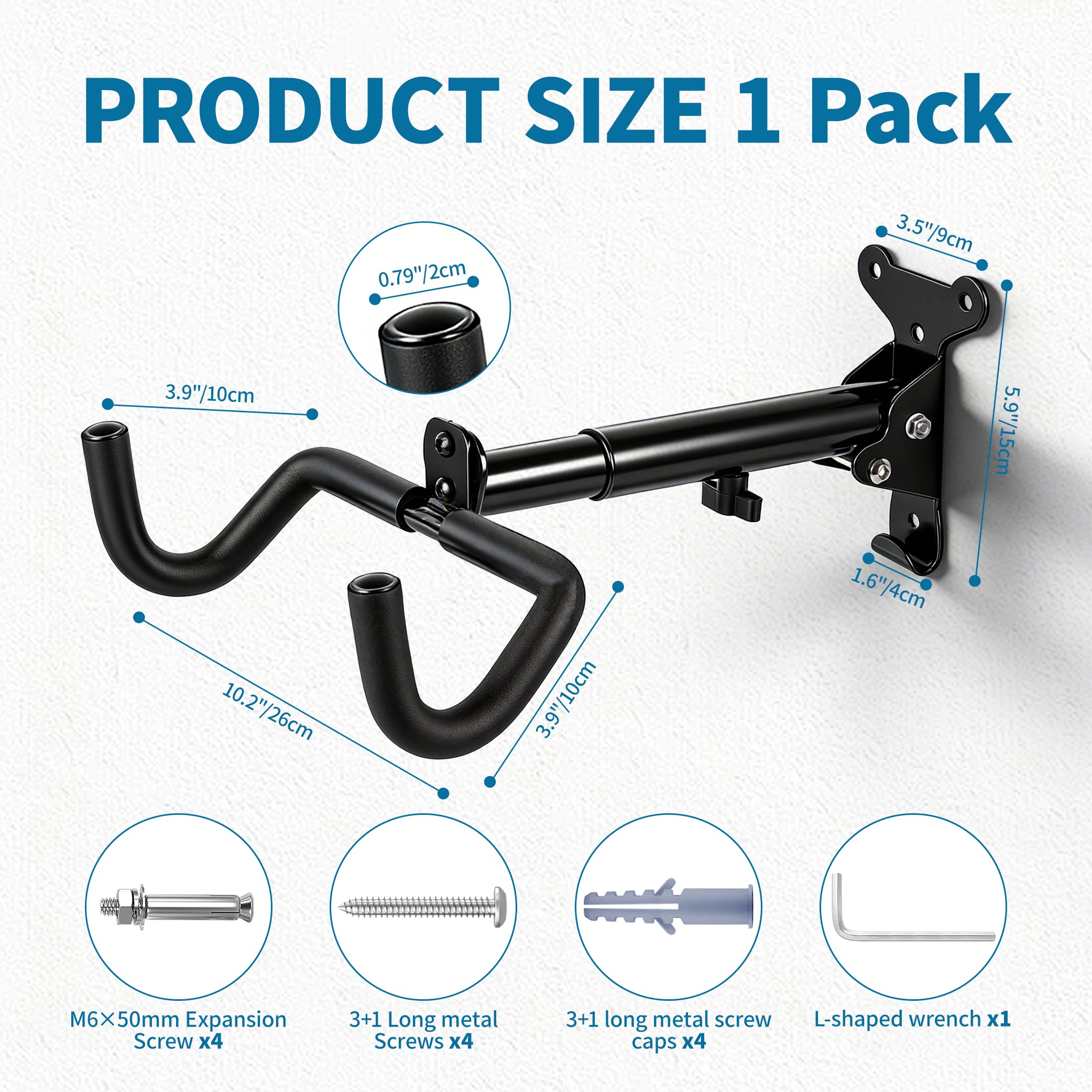 Support Mural Vélo, Porte-Vélo Horizontal pour Garage, Crochet Mural Résistant et Réglable pour Vélos de Route, VTT et Hybrides – Idéal Garage, Appartement et Maison-1 paquet | Rétractable et Pliable