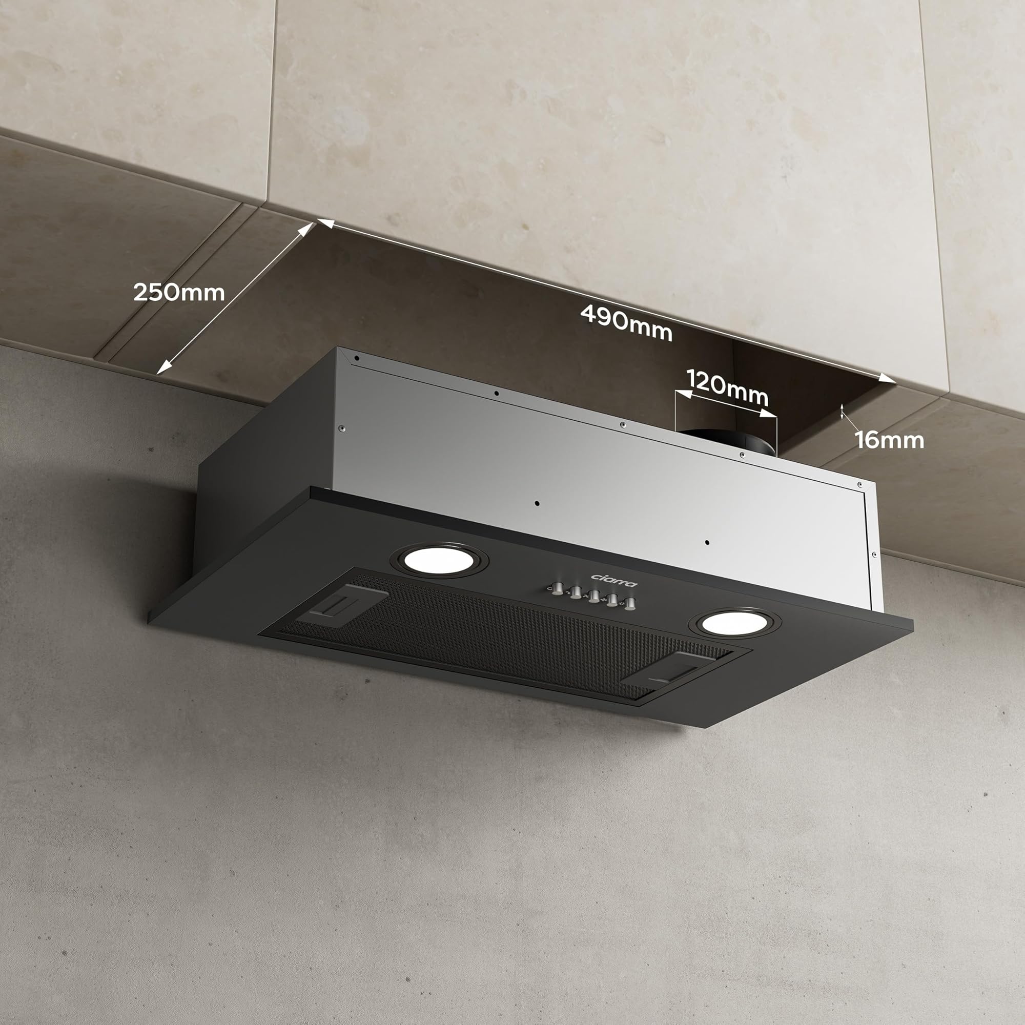 CIARRA CBCB5913A Cappa Aspirante Incasso 52cm - 300m³/h - 3 Velocità - Doppia Modalità - Facile Installazione - Nero Elegante