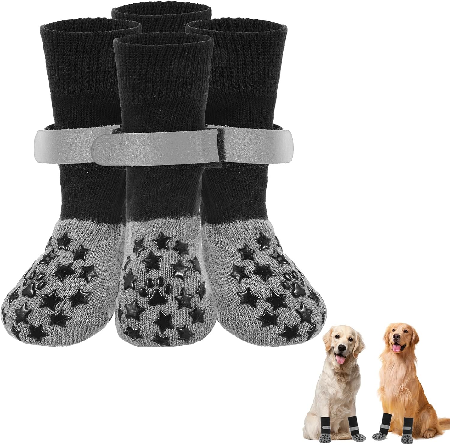 4Pcs Anti Slip Canine Socks to Forestall Licking Paws, Grey Canine Paw Protector Socks with Reflective Strips, Elastic Canines Booties for Hardwood Flooring, Grippy Sock for Medium Giant Canines(L)