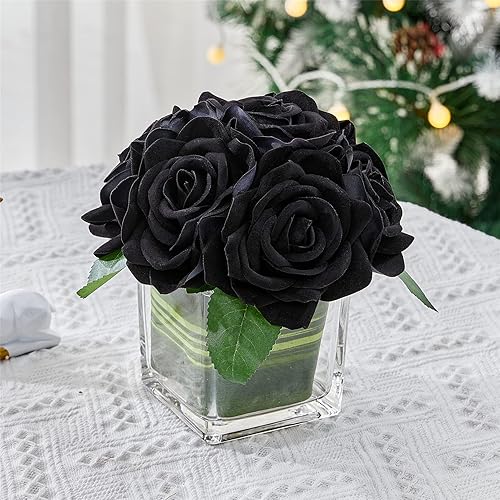 Miniatura 7 de Fule Arreglo de centro de mesa de flores de rosa de terciopelo artificial en jarrón para decoración de boda del hogar (negro)