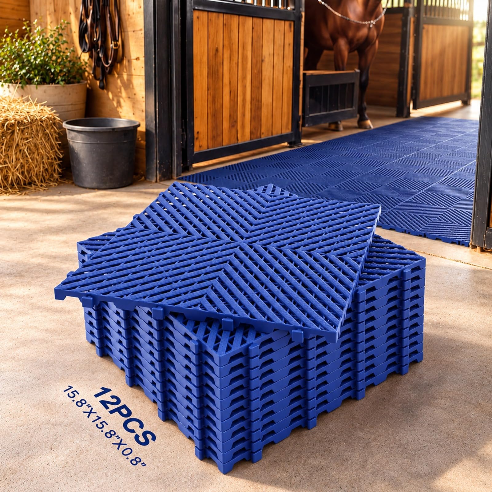 12 Pcs Horse Stall Mat 4 x 5.27 ft Plastic Stable Mat Interlocking