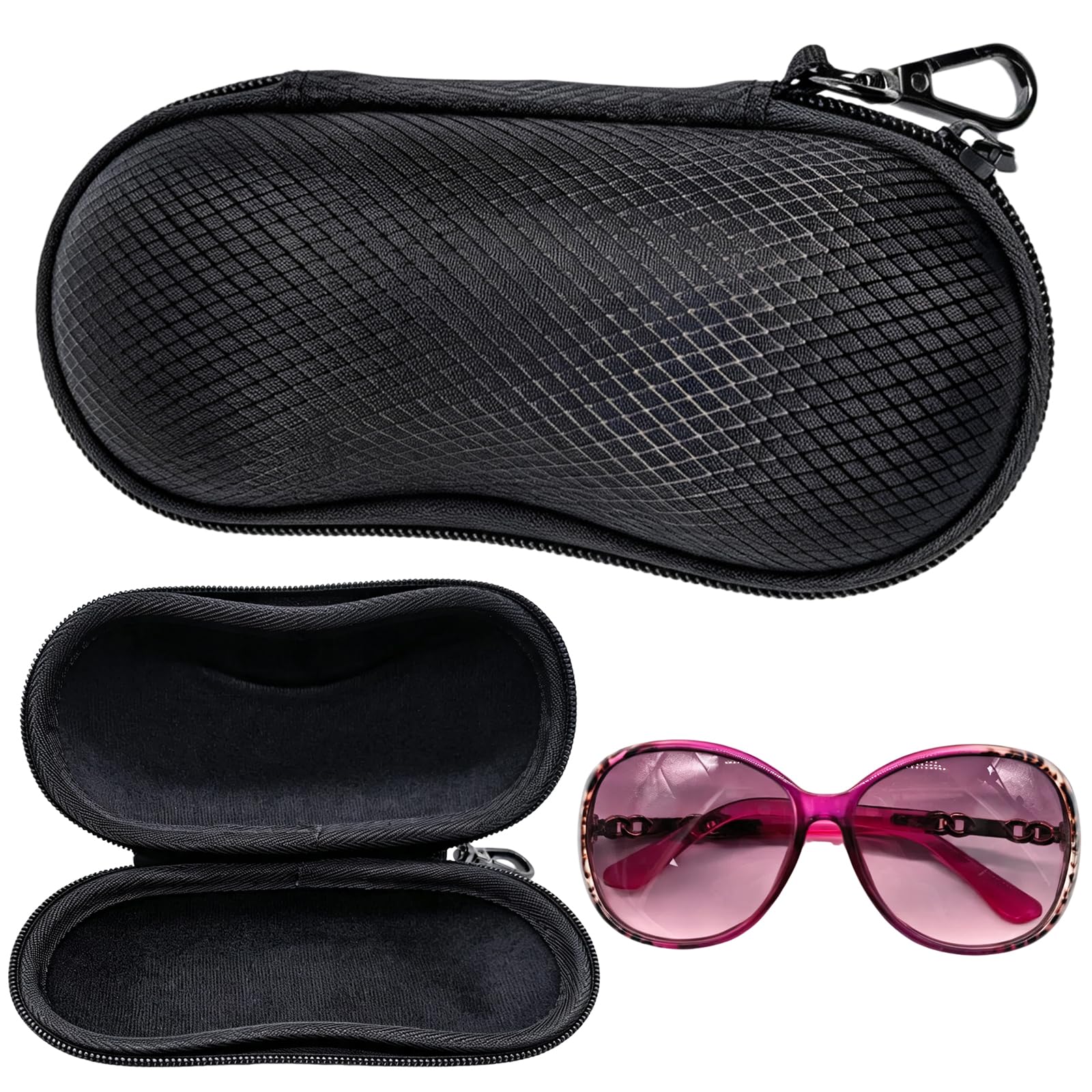 Funda rígida portátil para gafas con gancho de mosquetón para gafas de sol