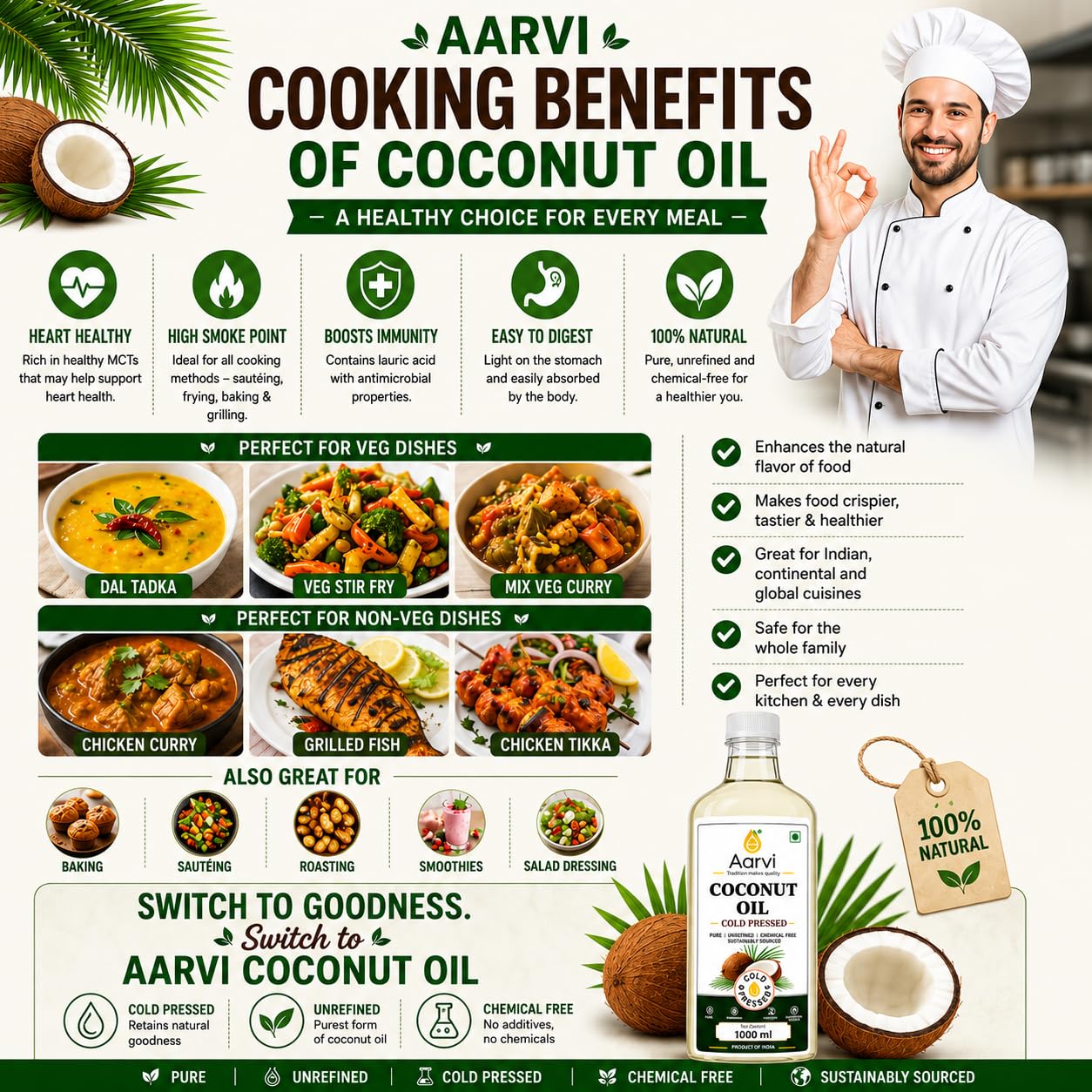 AARVI Cold Pressed Coconut Oil 1 Litre | 100% Pure & Unrefined | Cold Pressed | Edible Cooking Oil | Chemical Free | Natural Coconut Oil for Cooking & Baking (1000 ML PET BOTTLE) 3