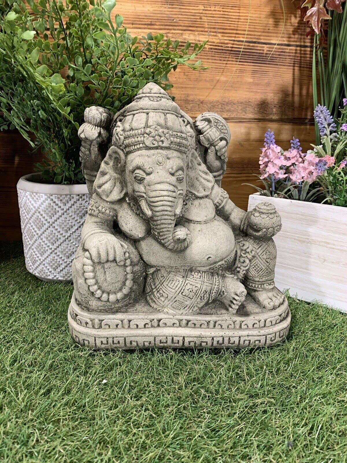 J And L Stone Ornaments Off-White Stone Garden Laying Reclining Ganesh Elephant God Buddha Statue Ornament