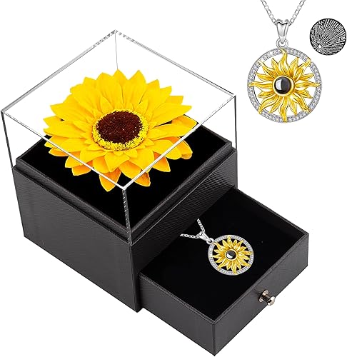 Regalos de girasoles artificiales para mujer, regalo para su madre, esposa con collar en 100 textos I Love You en el día de la madre, cumpleaños,