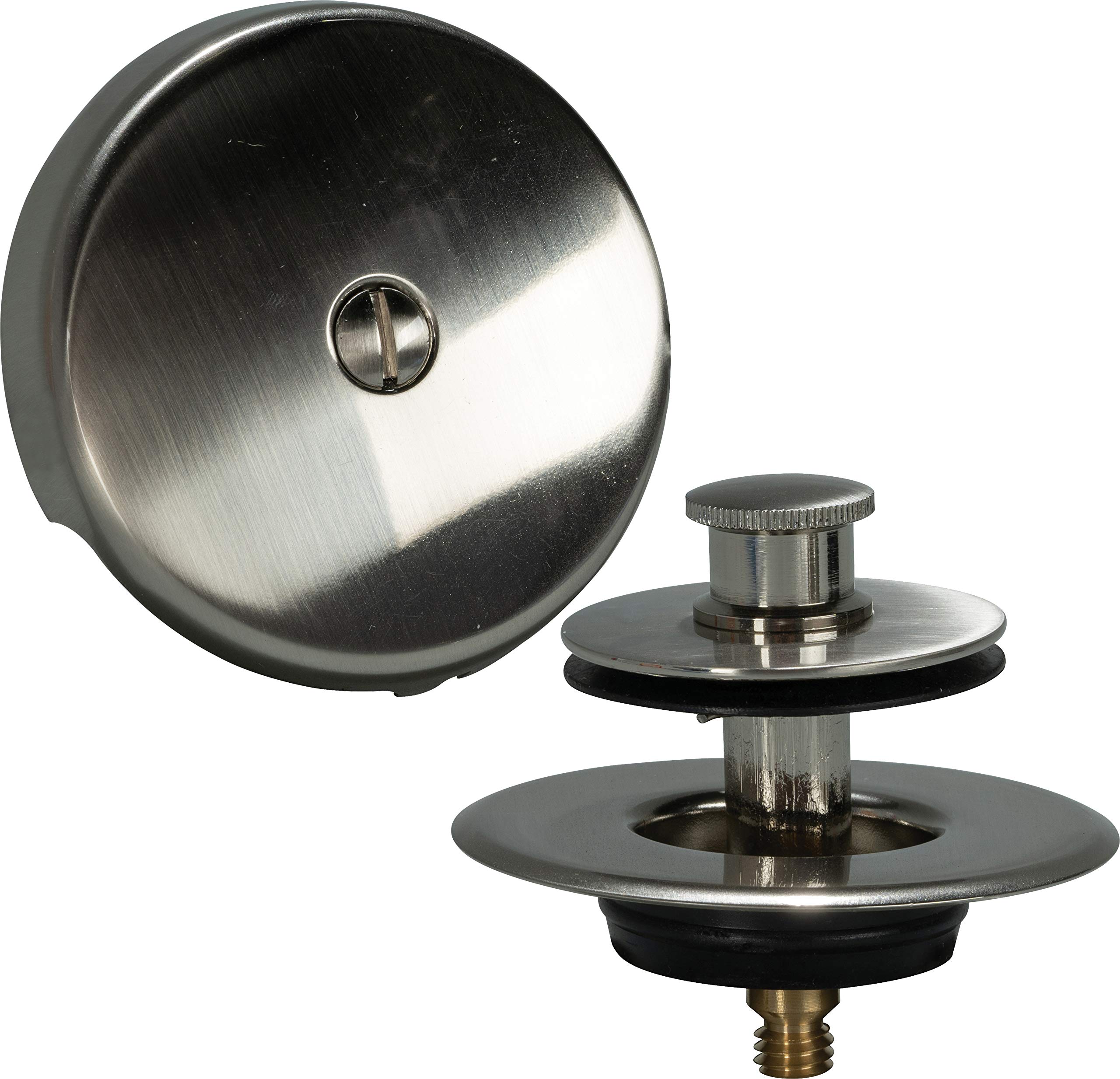 AB&A 60110 Tub Drain Trim Kit with Push eN Lift Stopper, One-Hole Overflow Plate, Converter Bar, and Press-in Strainer Cover, Satin Nickel