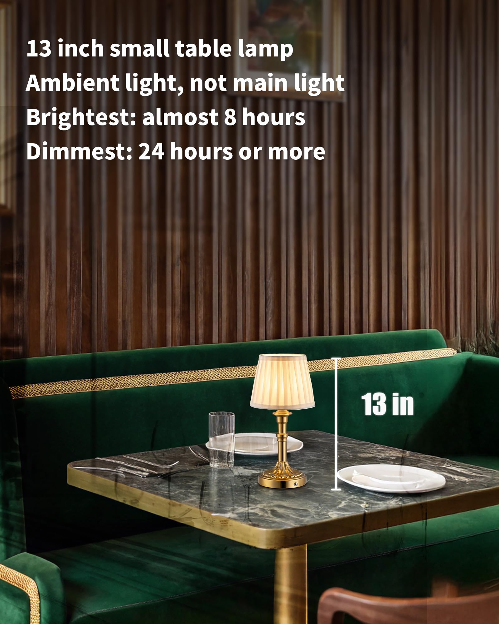 NEWSEE Lámpara de mesa inalámbrica recargable, pequeña lámpara de noche con pantalla de tela, luz táctil LED de atenuación continua para sala de estar, comedor, dormitorio, baño (bronce)