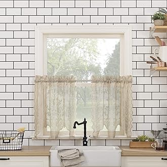 No. 918 Alison-Tr Floral Lace Sheer Rod Pocket Kitchen Curtain Tier Pair, 58" x 36", Stone