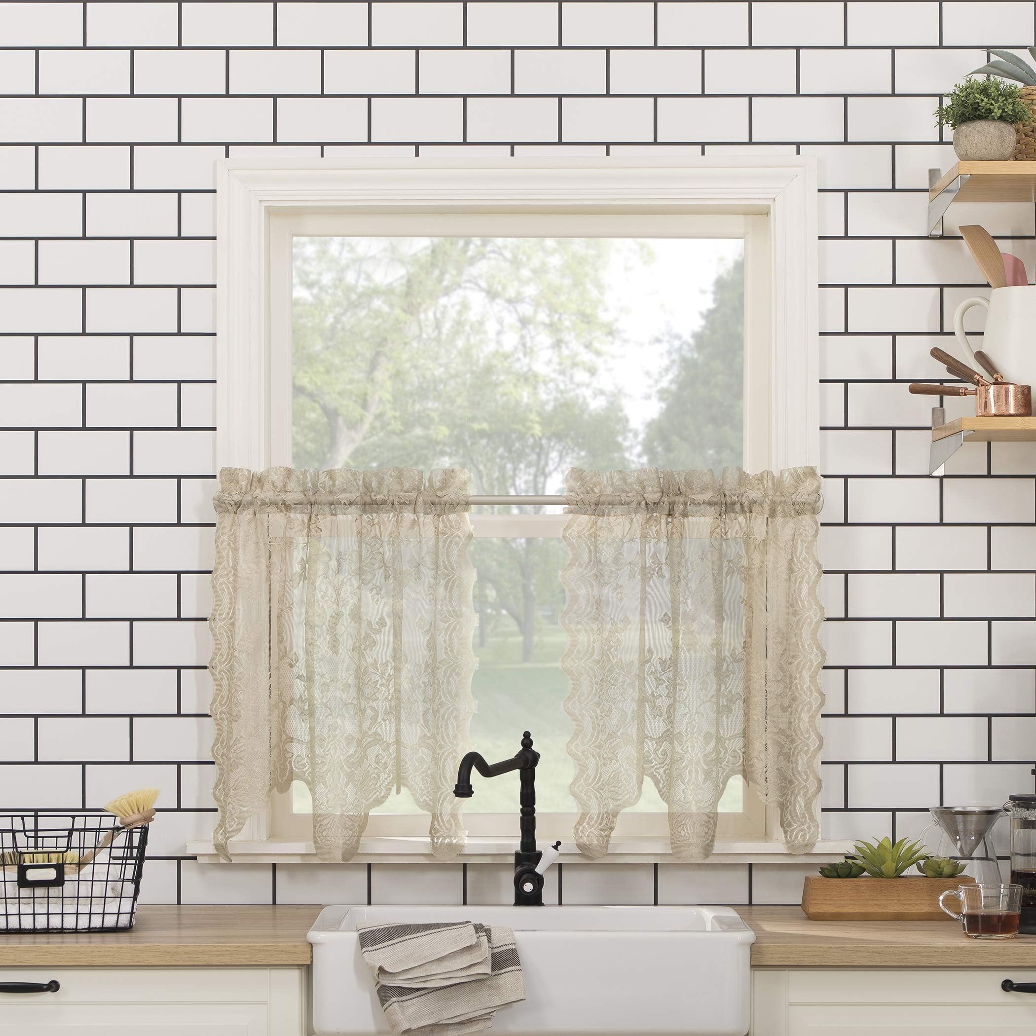 No. 918 Alison-Tr Floral Lace Sheer Rod Pocket Kitchen Curtain Tier Pair, 58" x 24", Stone