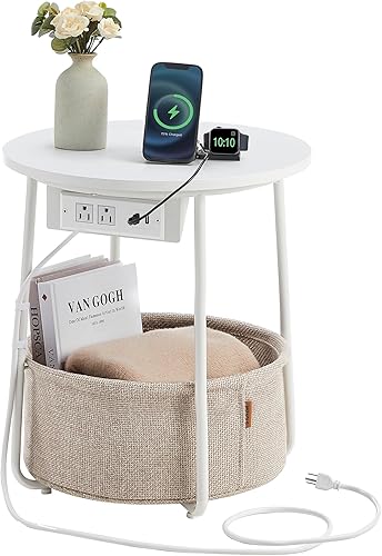 VASAGLE LILEA Collection - Mesa auxiliar con estación de carga, mesa auxiliar redonda con cesta de tela, mesita de noche con puertos USB, para sala