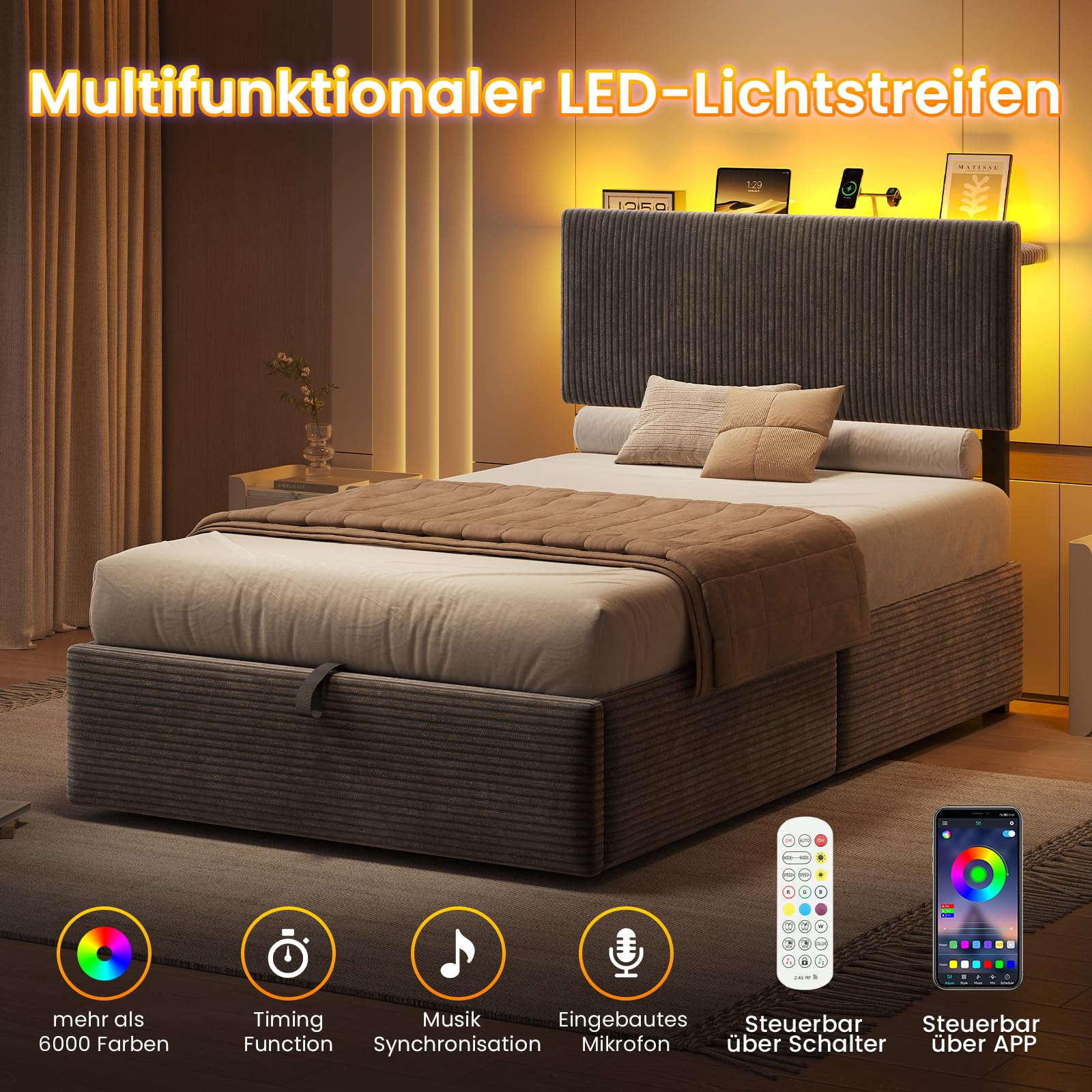 KIMENICH Polsterbett 90x200cm mit Hydrauliksystem & Stauraum, Stauraumbett mit Höhenverstellbarem Kopfteil, Bettgestell 90x200cm mit Smart LED, Bett mit Ladestation,Gestreifter Samt,Grau