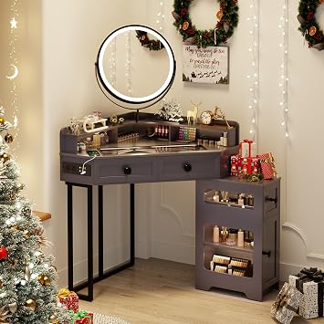 Corner Vanity Desk with Mirror and Lights, Modern Makeup Vanity with Charging Station & Human Sensor Light, Glass Top Dressing Table with 4 Drawers & Shelves for Bedroom Grey