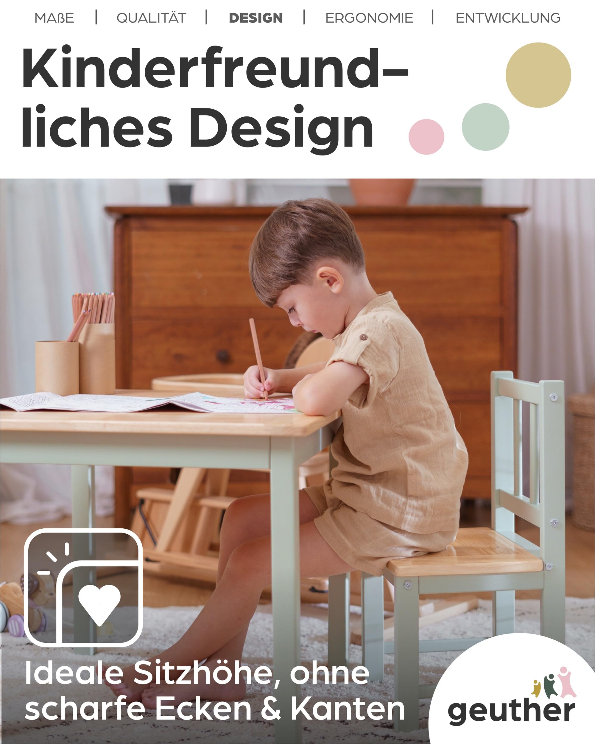Geuther Kindersitzgruppe ACTIVITY I Kindertisch mit 2 Stühlen aus Holz I Spieltisch ab 1 Jahr | Kinder Tisch Stuhl Set für Kinderzimmer I Basteltisch & Maltisch für Kinder I Robuste Kinderzimmer Möbel