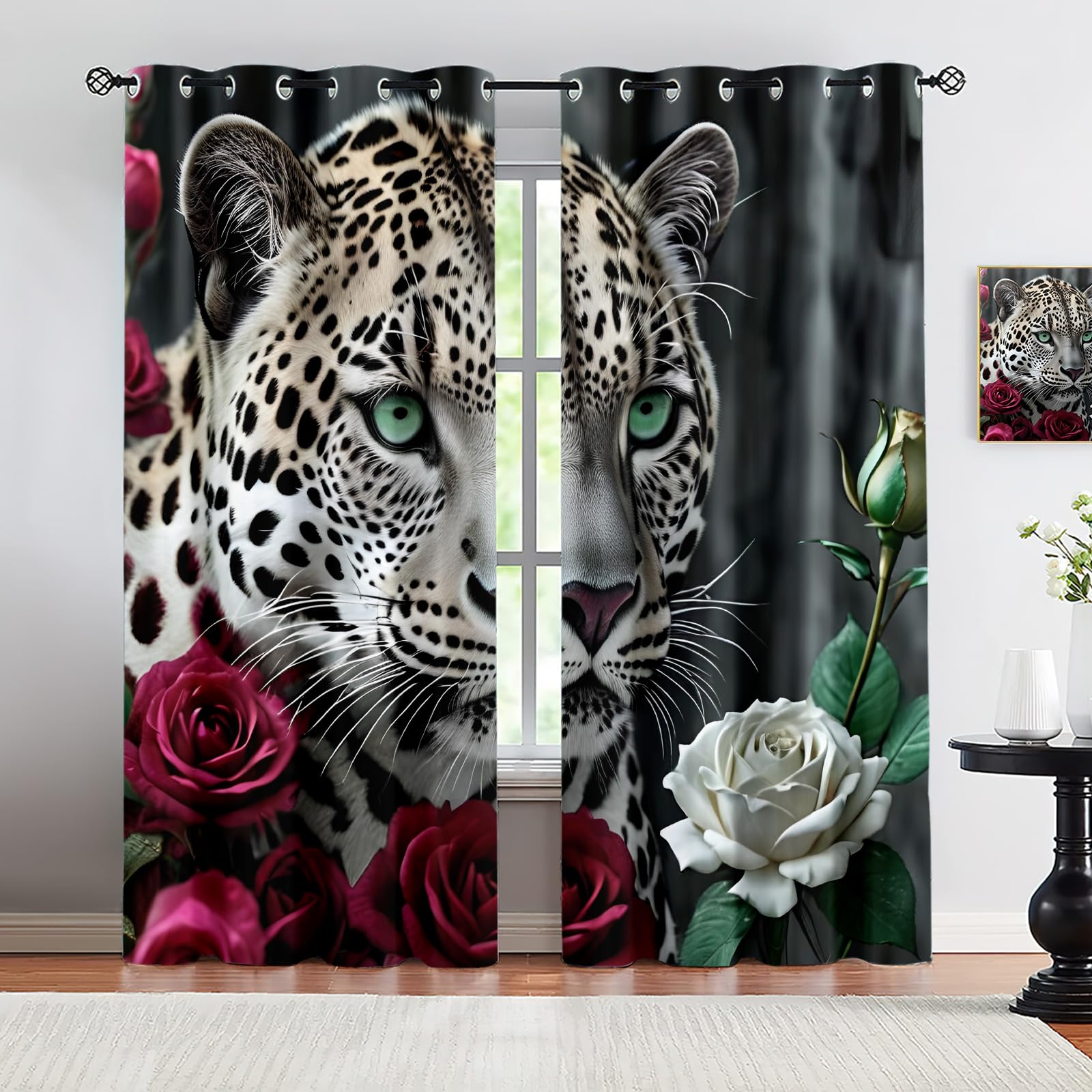 Rideaux courts léopard et roses 71x137 cm lot de 2 pour petite fenêtre cuisine