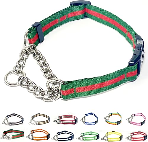 Collar Martingale para perros, collares de nailon ajustables con hebilla de liberación rápida, rayas multicolores, cadena de acero inoxidable,