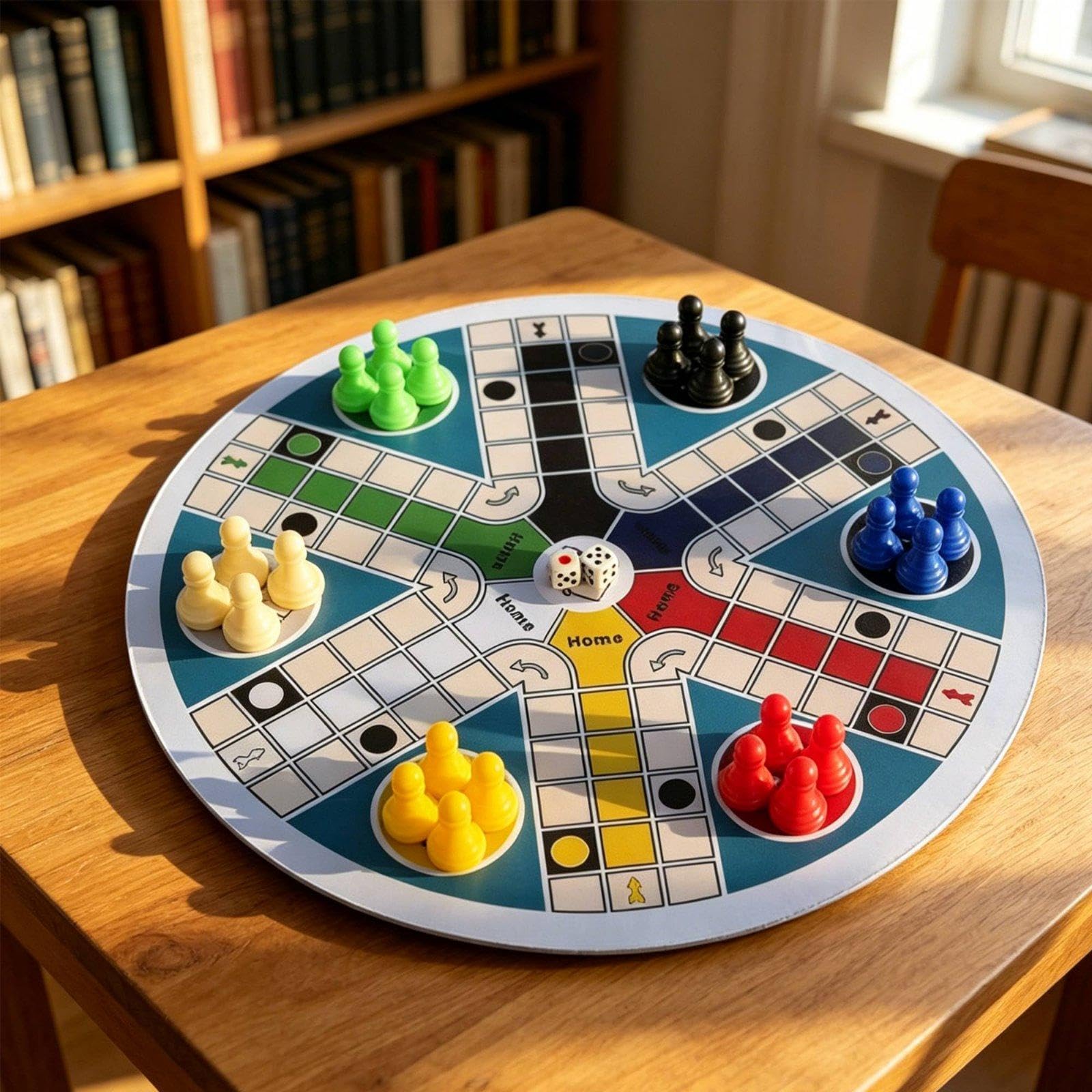 Jeu de Ludo 5 Pièces, Plateau Rond, Course de Dés, Jeu de Société, Jeu Familial avec Surface En Tissu Antidérapant, Pliable pour Les, Les, 6 pièces