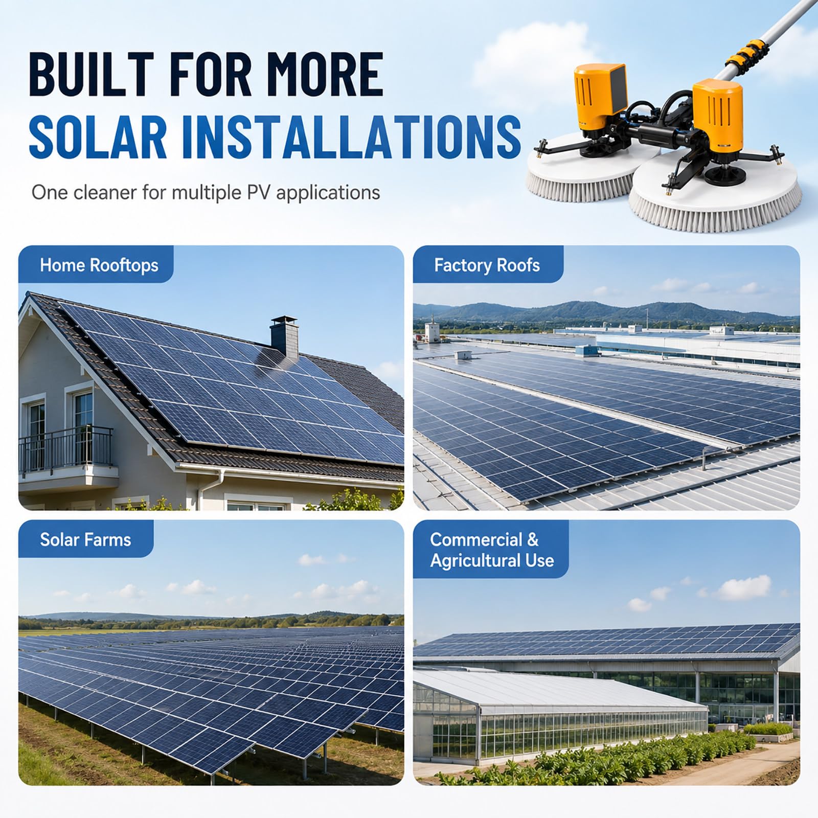 Cepillo Telescópico para Paneles Solares – Doble Cabezal Giratorio con Cerdas de Nylon para Mantenimiento Fotovoltaico 7.5m(24.6ft)