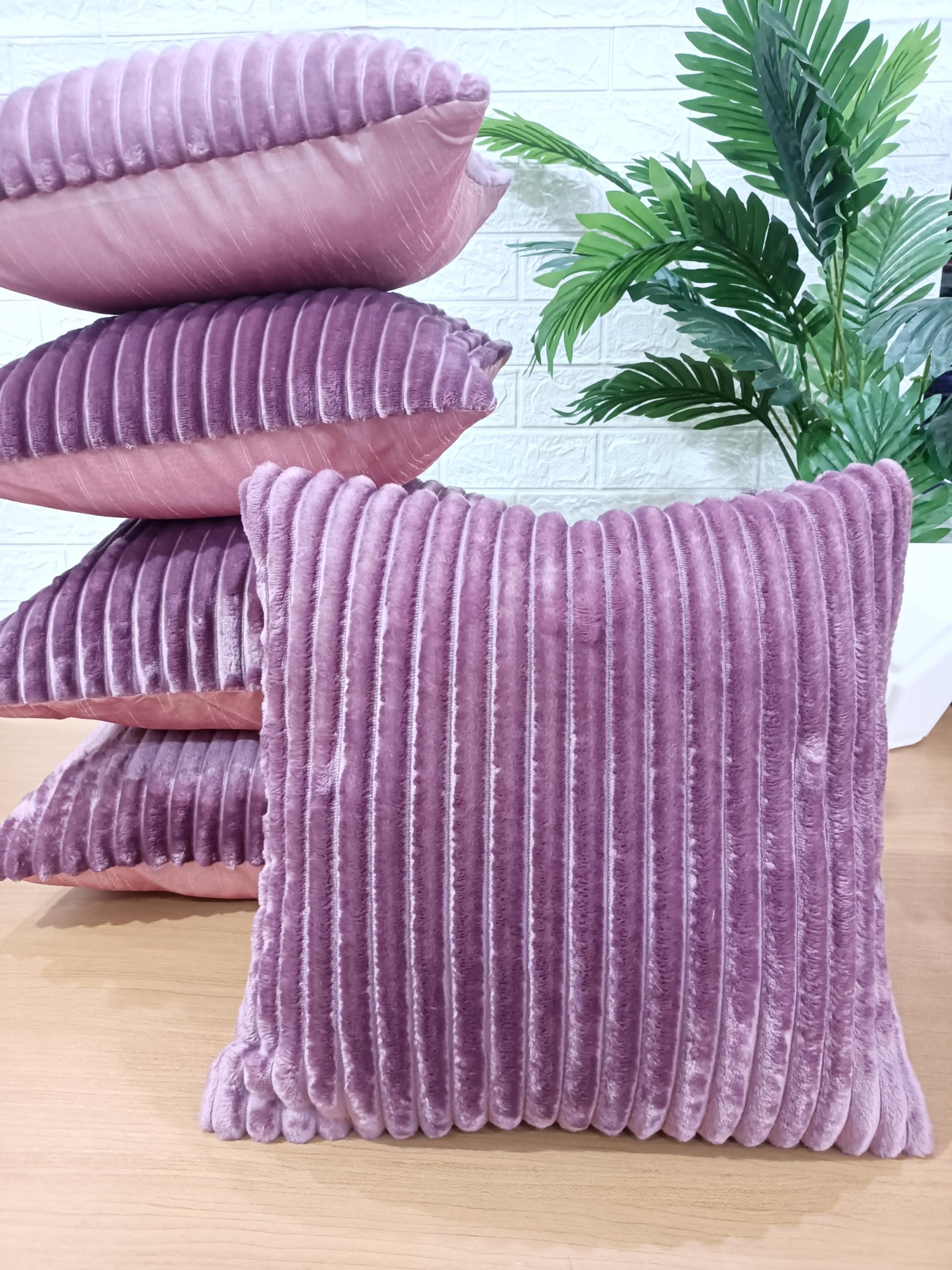 LOFEY Pack of 5 Cushion Covers, 16x16 Inch, Velvet with Elegant Flocking Striped, Decorative Sofa Throw Pillow Cases (Purple)-picture-22