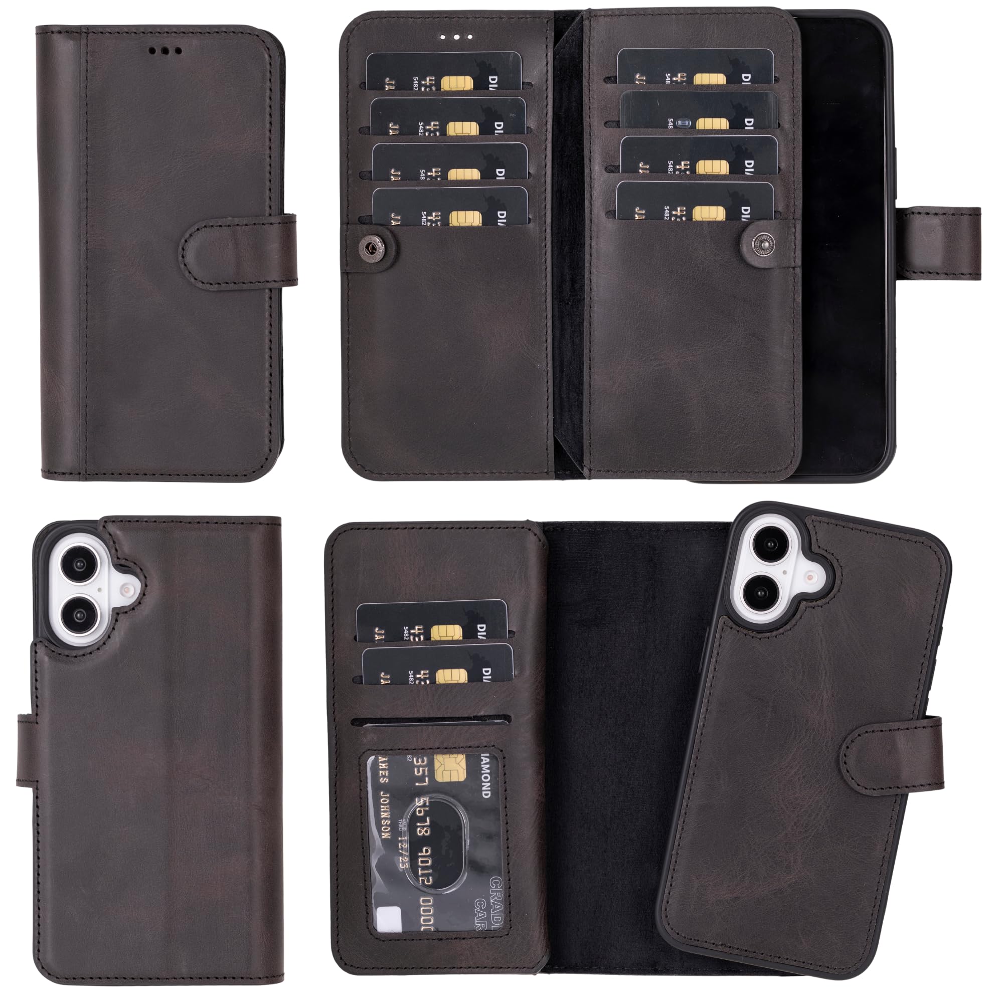 HARDISTON Genuine Premium Leather Handmade MagSafe Wallet Case Compatible with 16 Plus - Double Folio Card Holders - Detachable Magnetic Flip Cover -