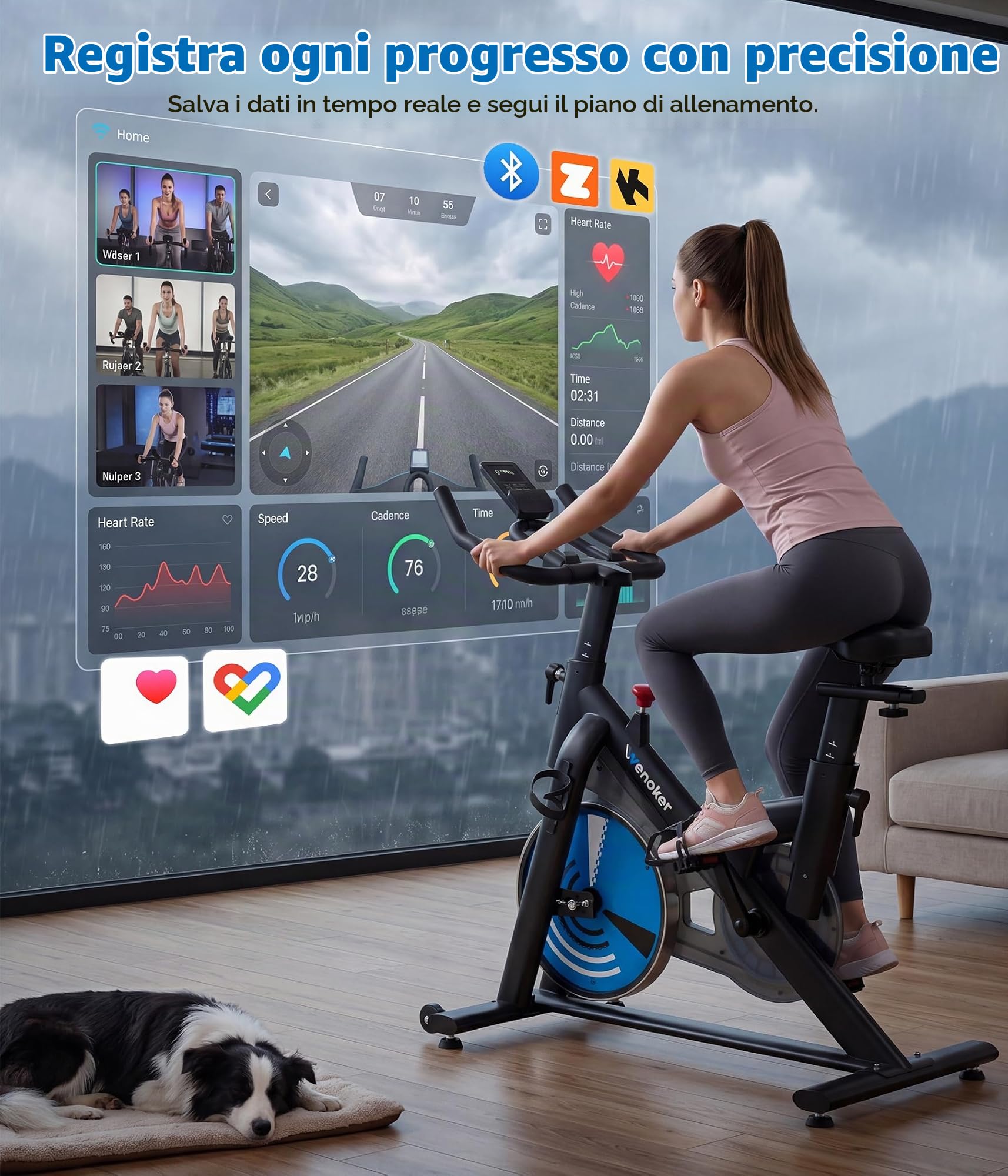 WENOKER Cyclette con app e resistenza regolabile, silenziosa, con display LCD, per interni, ergometro fino a 160 kg, per allenamento cardio, a casa