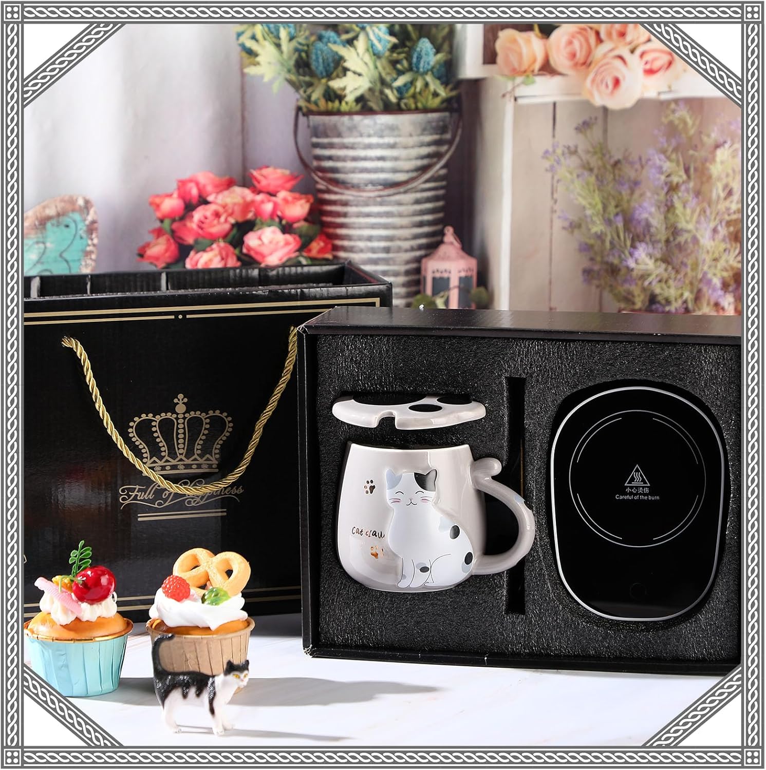 Honeydak Coffee Mug Warmer Cute Cat Mug Set Cup Warmer for Women Heated Coffee Warmers for Mom Home Office Desk Valentine's Day Anniversary Birthday Gifts(Cat,Gray)