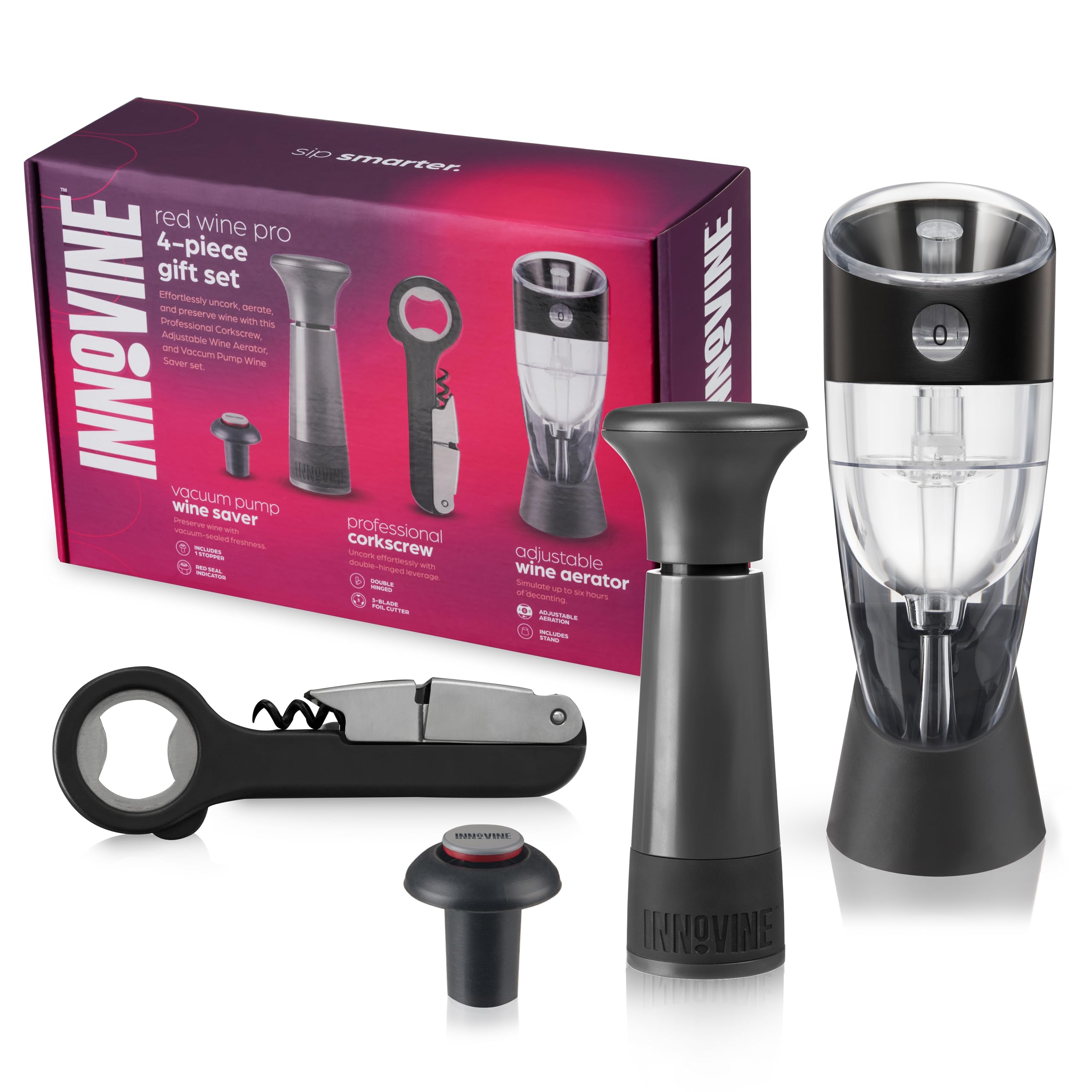 Innovine Red Wine Pro 4-teiliges Weinwerkzeug-Geschenkset - Verstellbarer Weinbelüfter mit Ständer, Doppelscharnier-Korkenzieher & Vakuum-Weinsparer mit Stopper - Komplettes Rotweinöffnungs