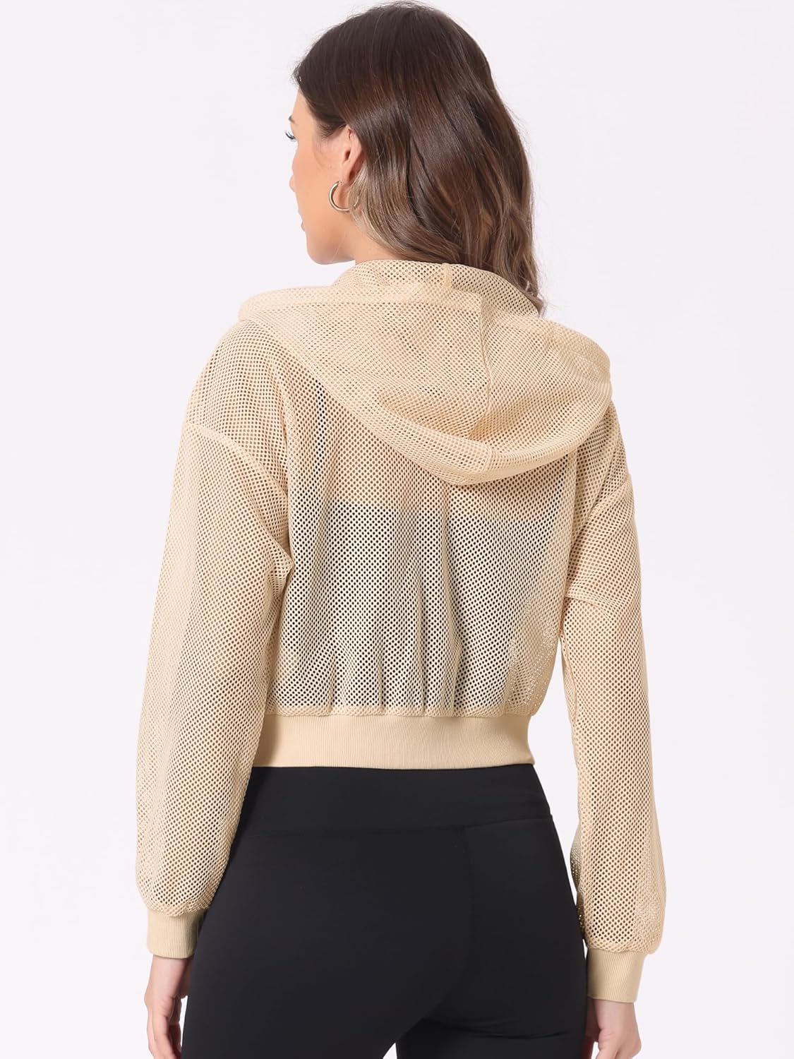 Allegra K Hoodie Jacket for Women's Zip Up Cropped Mesh Jackets Workout Long Sleeve Sheer Bomber Jacket - Image 4