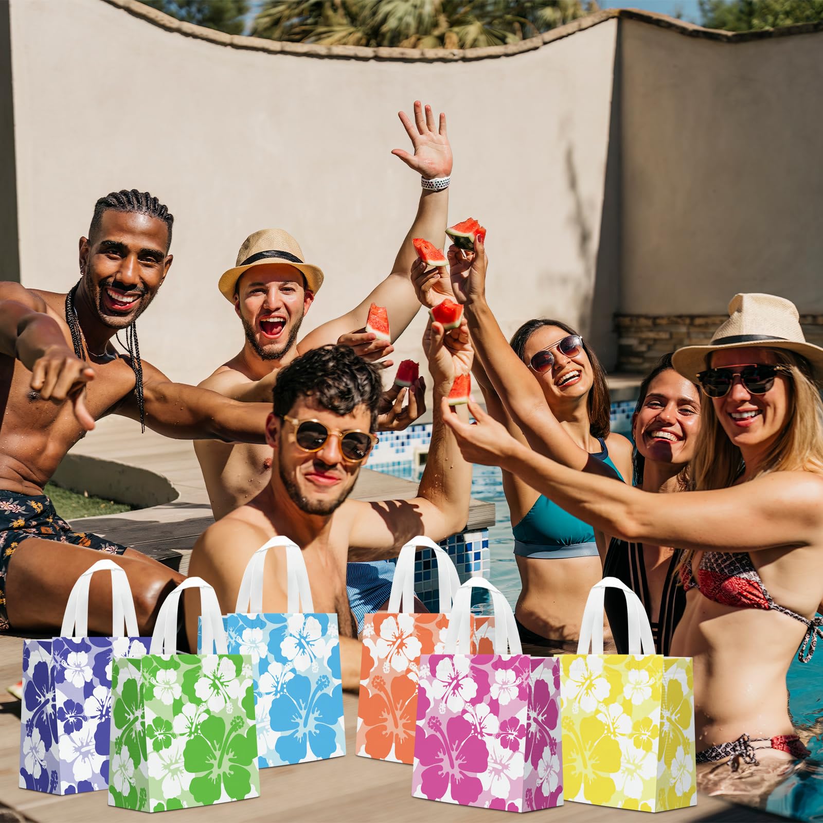 KERINGO 24 PCS Hibiscus Party Favor Bag Non Woven Hawaiian Gift Goodie Bag with Handles Luau Tropical Aloha Tiki Party Supplies