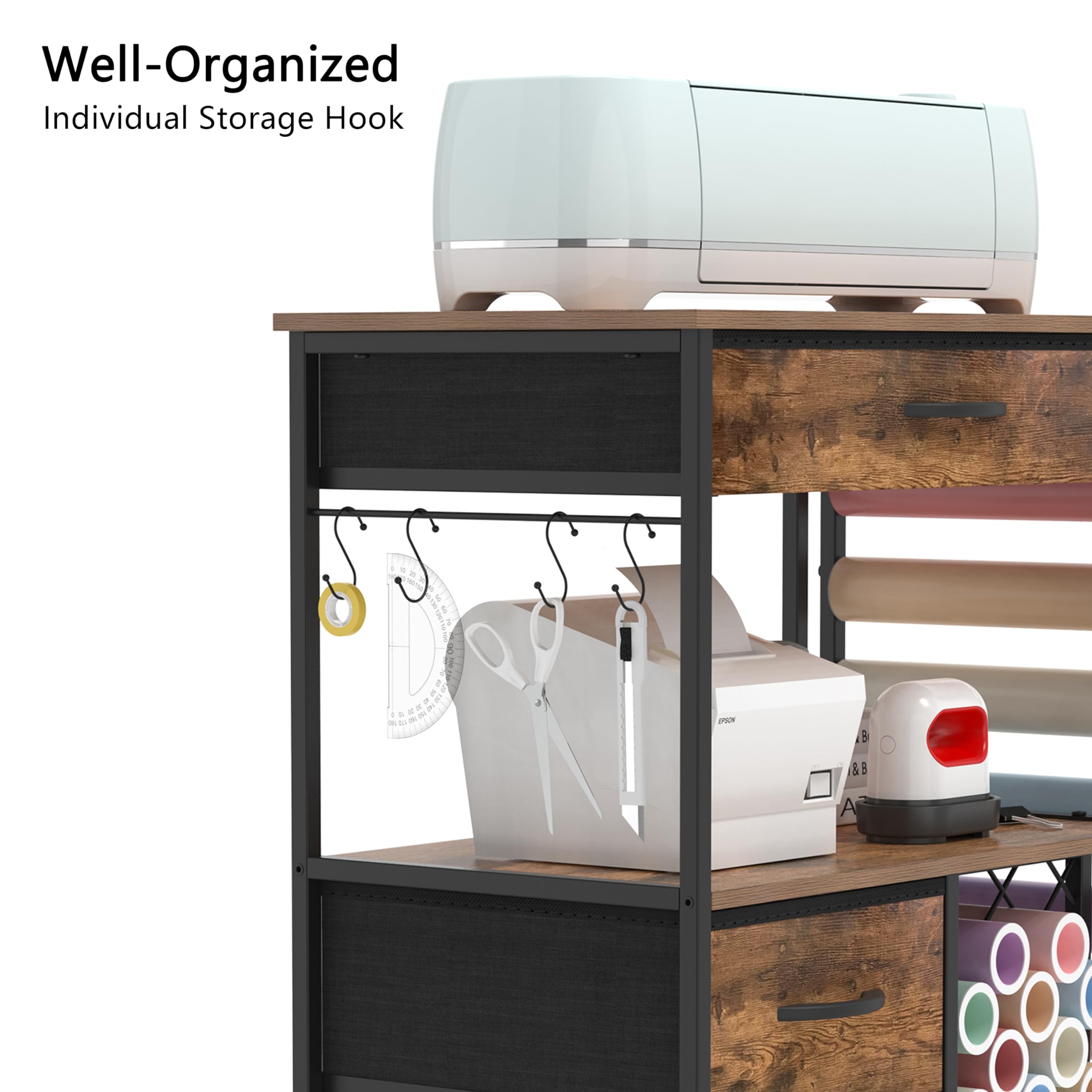 Trironsun Chariot de rangement compatible avec les machines Cricut Armoire d'artisanat roulante avec tiroirs et support de rouleau de vinyle Table support mobile pour machine de découpe pour station