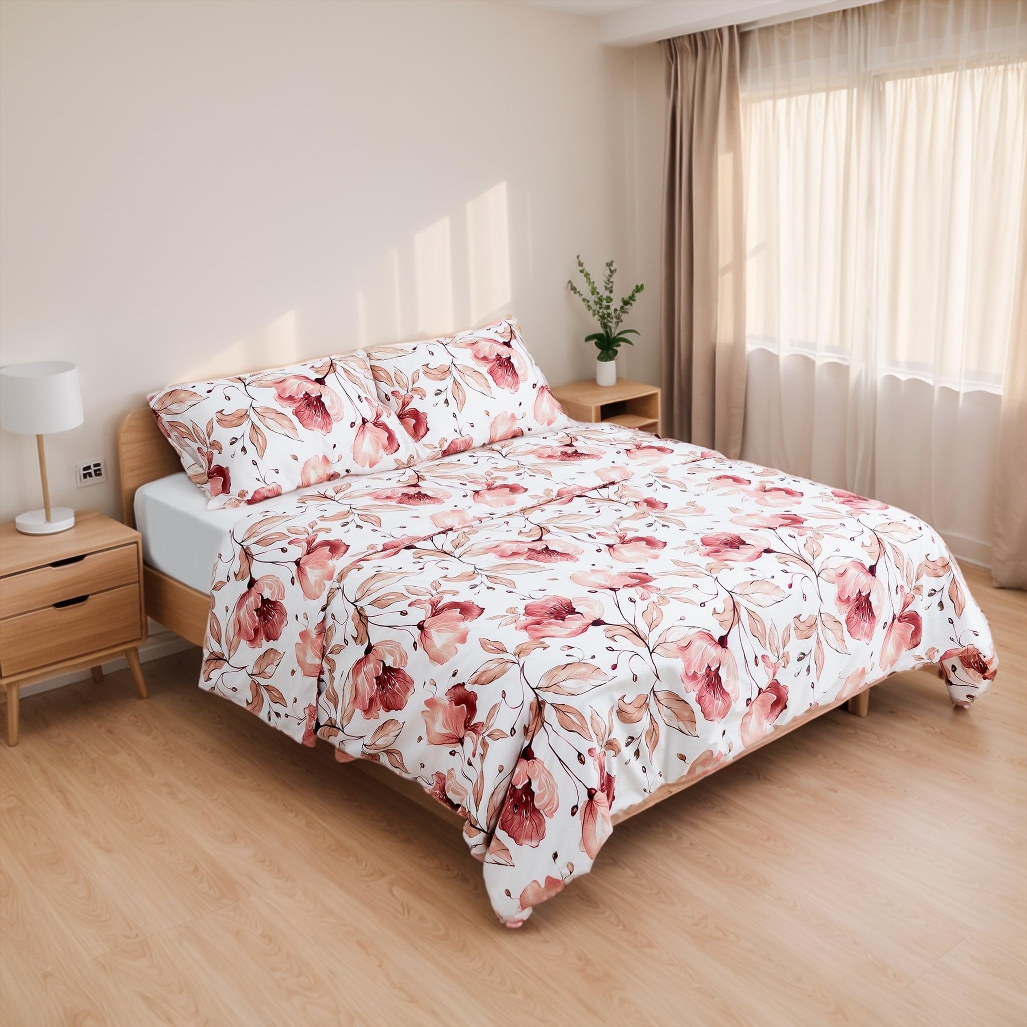 Juego de Funda Nórdica 4 Piezas Cama 180 Microfibra Extra Suave Transpirable - 1 Funda Edredón 260x240 cm, 1 Bajera 180x200+30 cm y 2 Fundas de Almohada 50x100 cm (Flores Rosas)