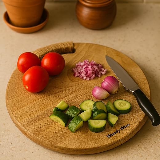 WOODYWOW Wooden Mango Round Chopping Board | Serving Board Natural Finish Plate for Pizza,Vegetables,Fruits and Cheese | C...