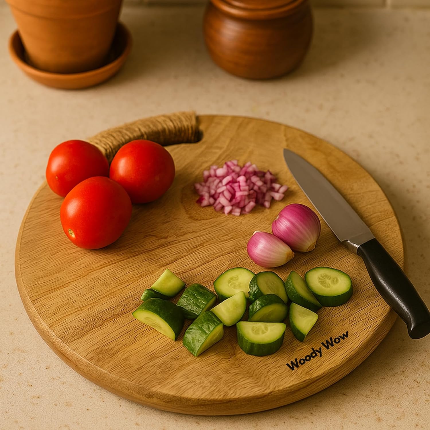 WOODYWOW Wooden Mango Round Chopping Board | Serving Board Natural Finish Plate for Pizza,Vegetables,Fruits and Cheese | C...