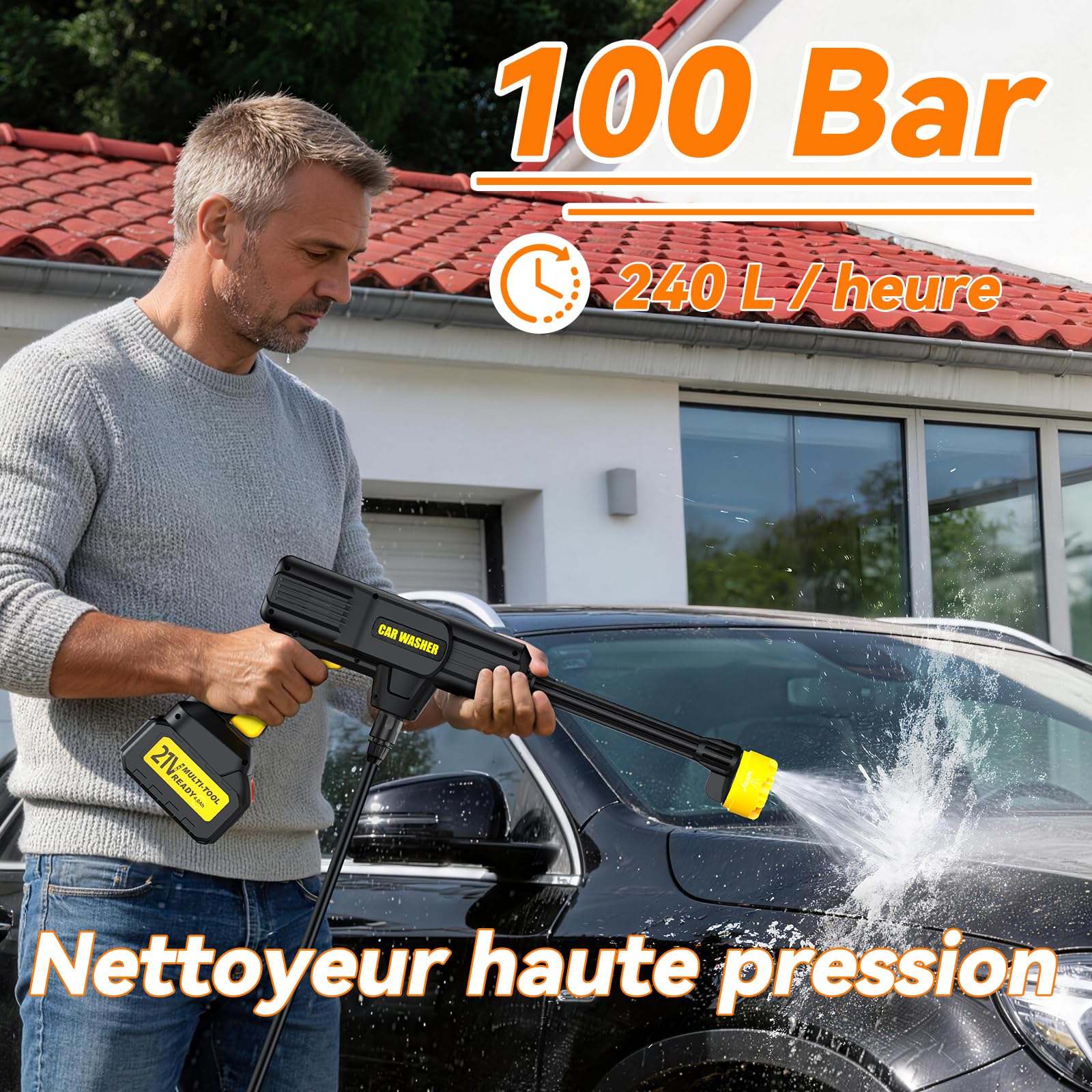 100Bar Nettoyeur Haute Pression sans Fil 2026, 6 en 1 Nettoyeur Haute Pression sur Batterie, débit de 240 L/h, Moteur en Cuivre Pur, 20 000 TR/Min, pour Voiture, Moto, Fenêtres et Terrasse
