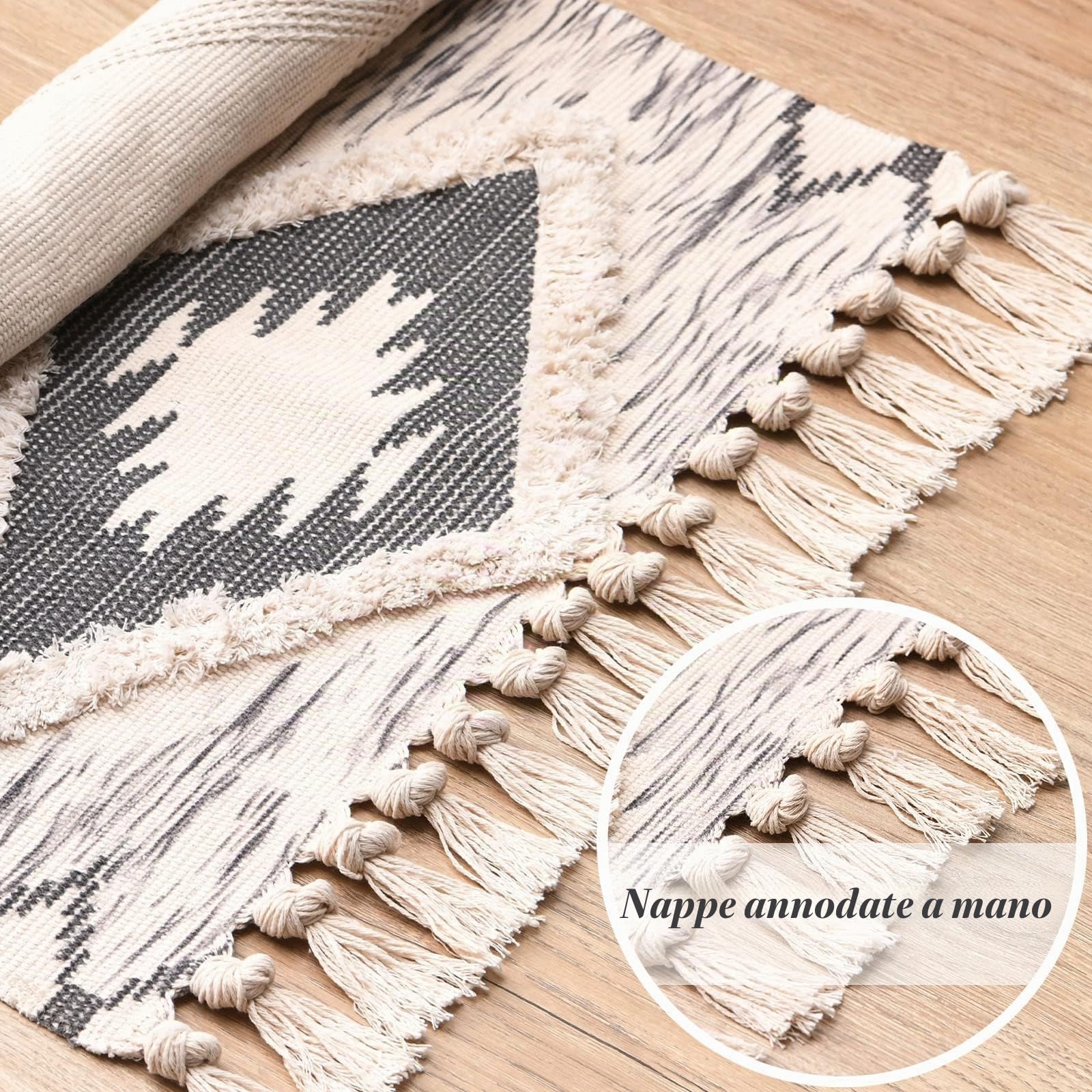Tappeto in cotone trapuntato, lavabile con nappe, copriletto geometrico shag, in tessuto bohémien, per lavanderia/camera da letto (60 x 180 cm, grigio) (EU-JM-SLH)