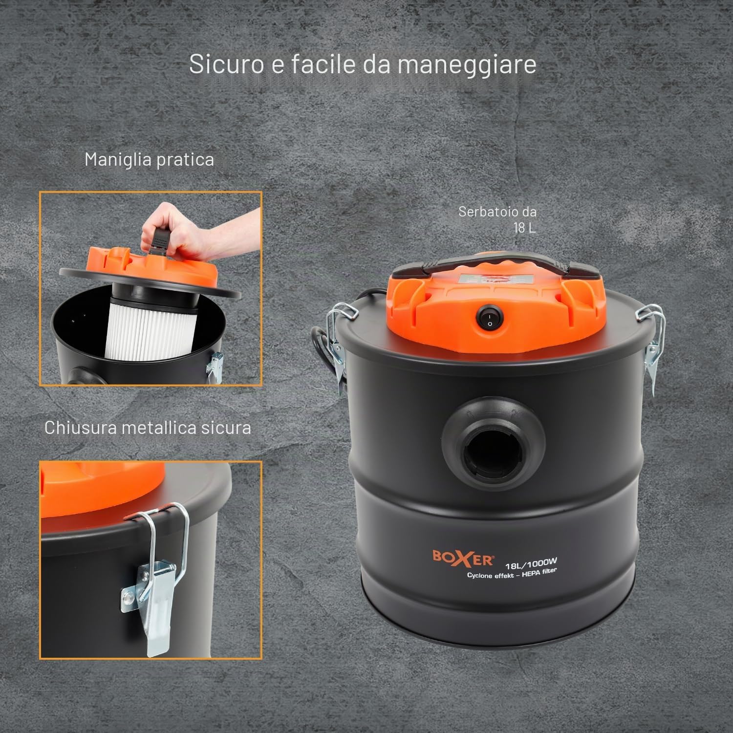 Boxer® Aspiracenere ciclonico con motore e filtro HEPA 18L | Potente aspirazione 1000W | Ideale per camini, stufe e barbecue | Filtro lavabile e tecnologia ciclonica