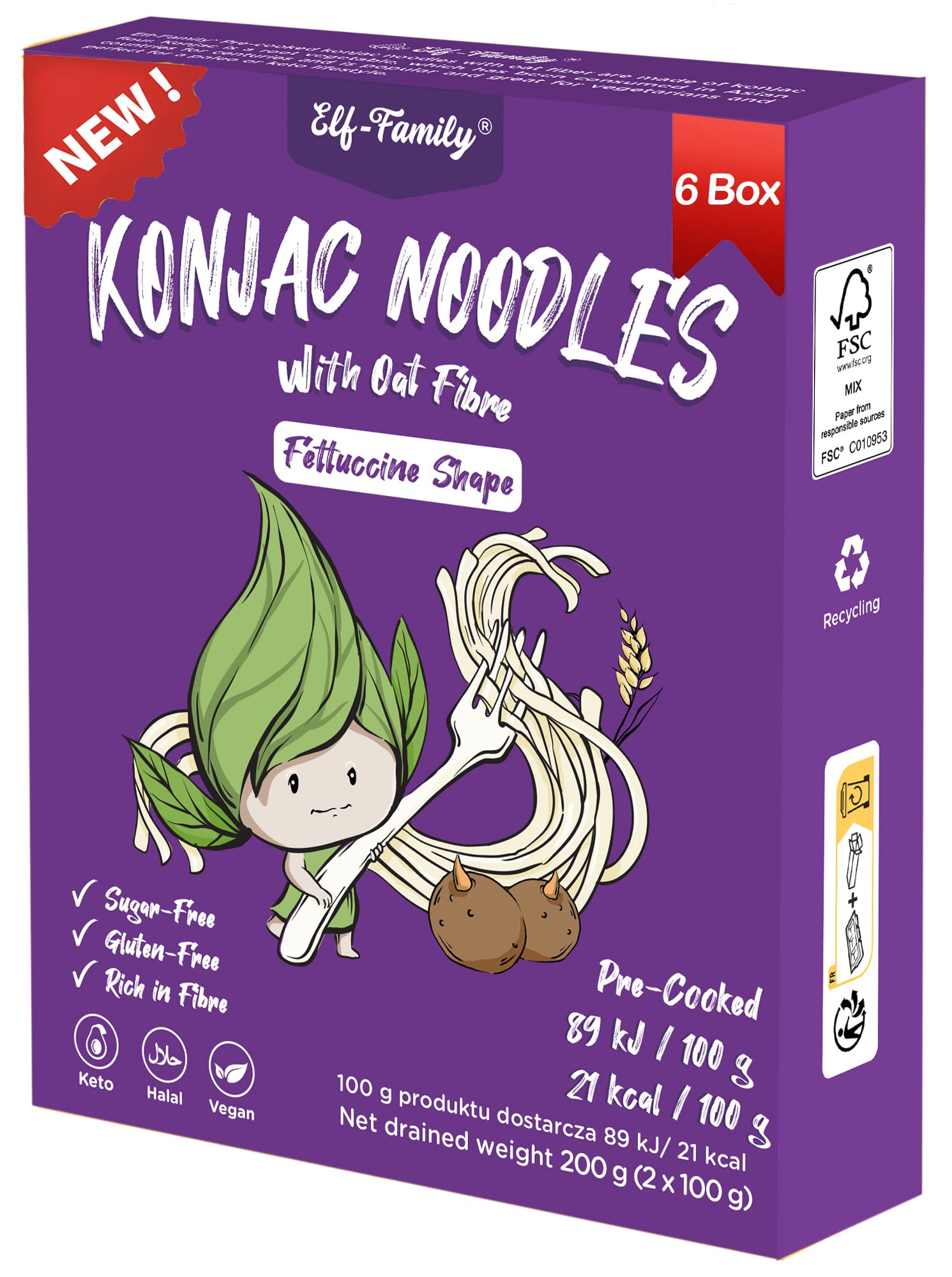Elf-family [Nuovo]Pasta di Konjac Pochi Carboidrati- Prodotto in Tailandia- Vegano Senza Glutine- 240g x6 Scatole(per 12 Porzioni), Konjak Shirataki Noodles Ipocalorica/Senza Zucchero - Fettuccine