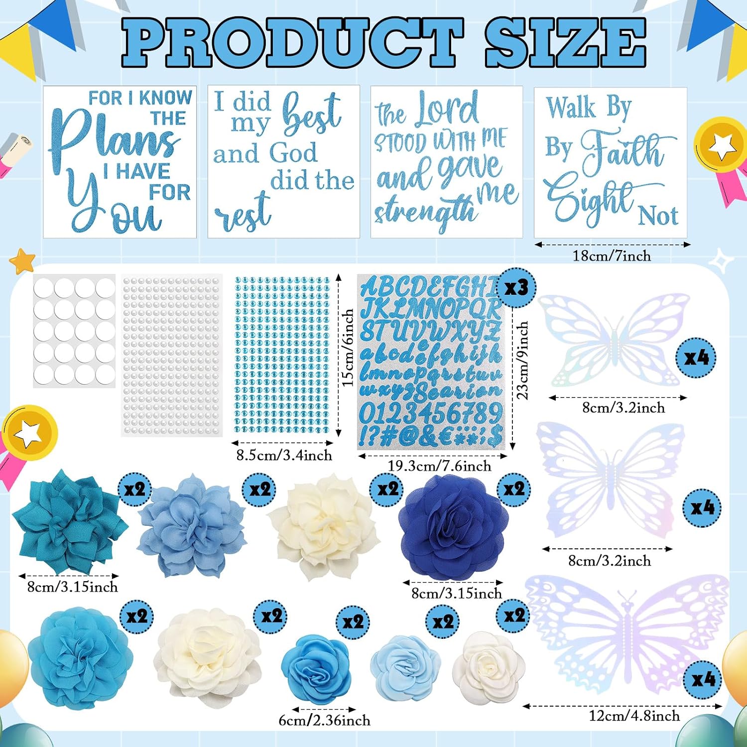 Feifeiya 39 Pcs DIY Graduation Cap Decorations Accessory Kit Include Faux Flower Heads Graduation Quote Glitter Sticker 3D Butterfly Pearl Rhinestones Sticker (Cute,Blue)